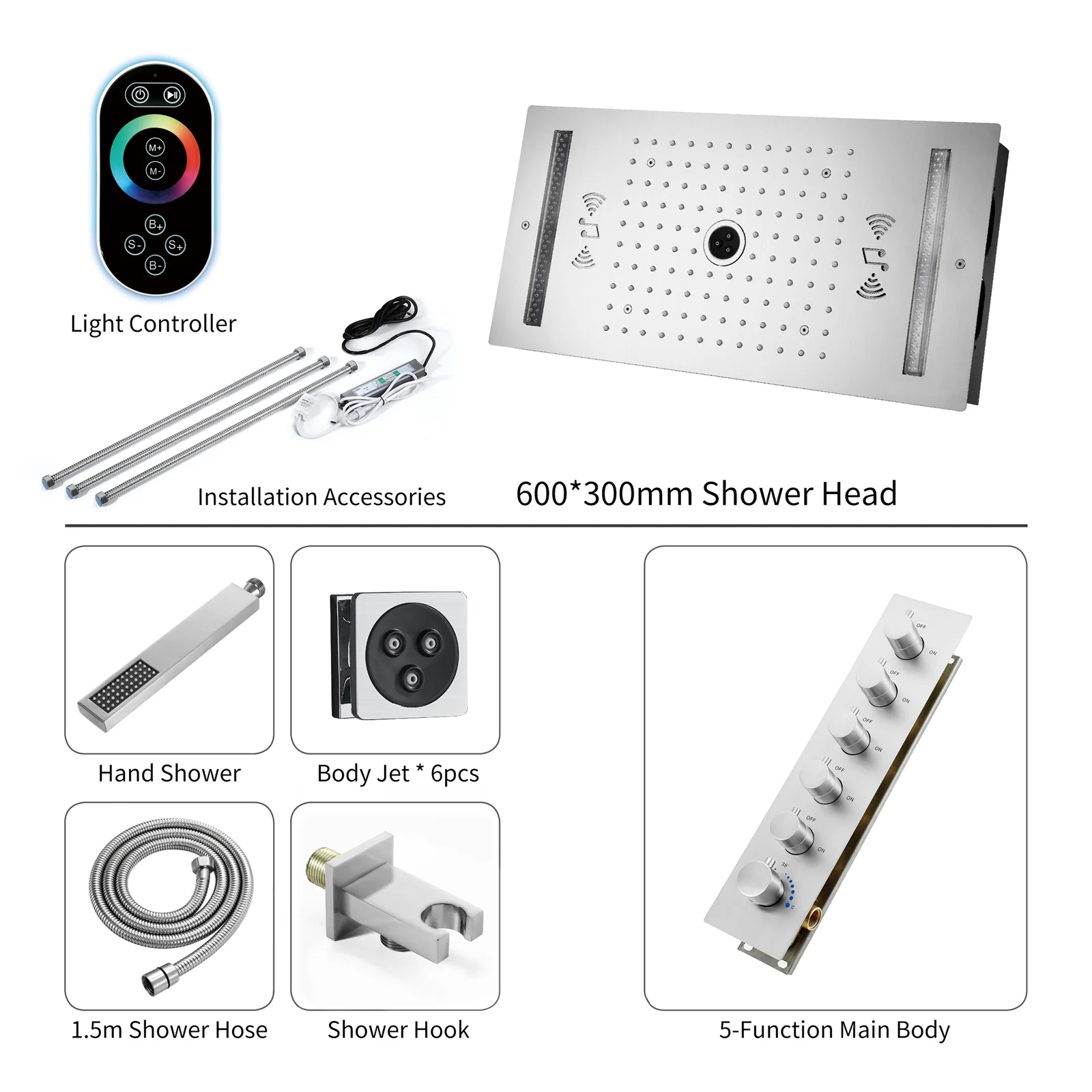 64 LED colors music led flushed in 24x12 inch 3 functions shower head 5 way thermostatic shower faucet with rotate-water massage body jets,4 finish colors options - Image 23