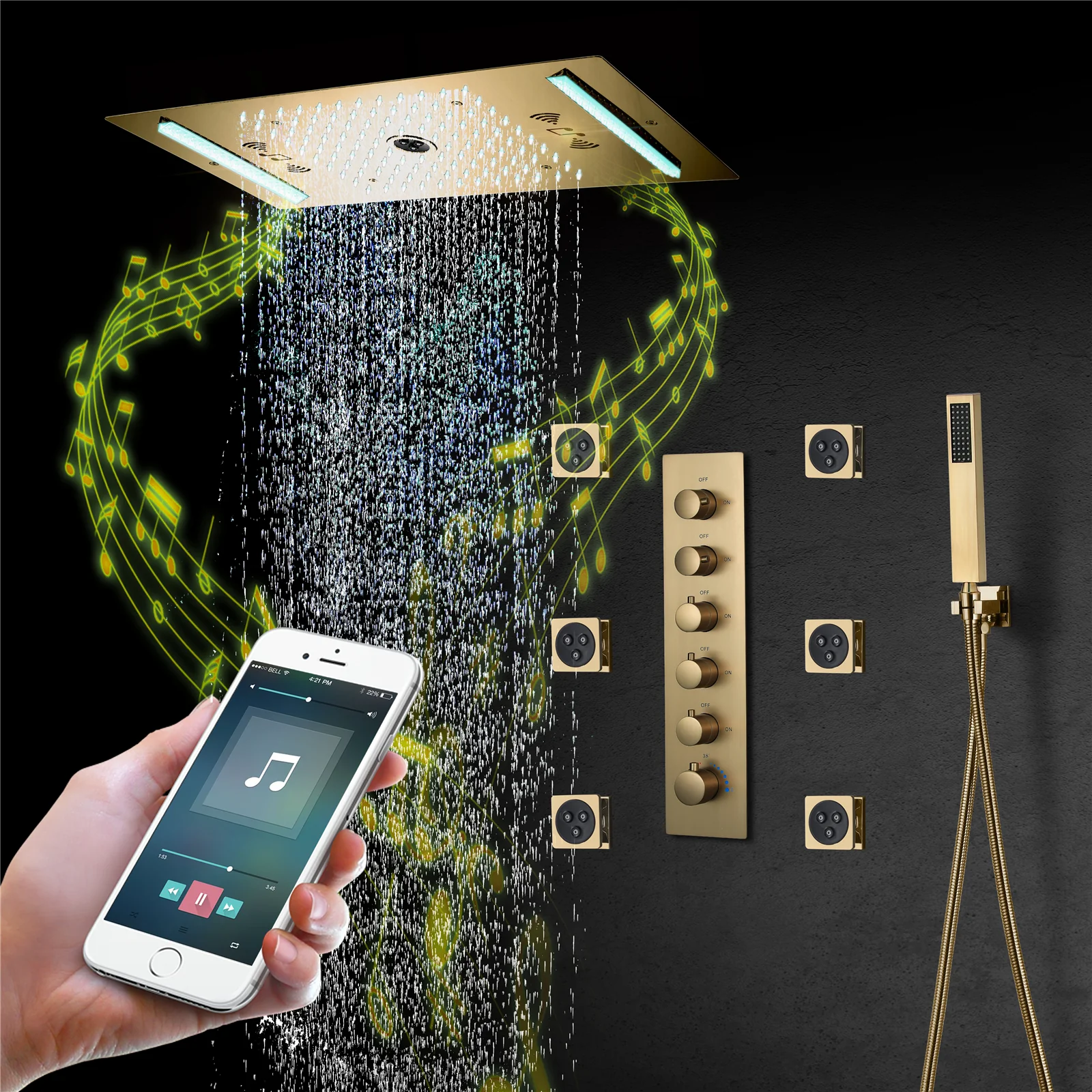 64 LED colors music led flushed in 24x12 inch 3 functions shower head 5 way thermostatic shower faucet with rotate-water massage body jets,4 finish colors options - Image 25