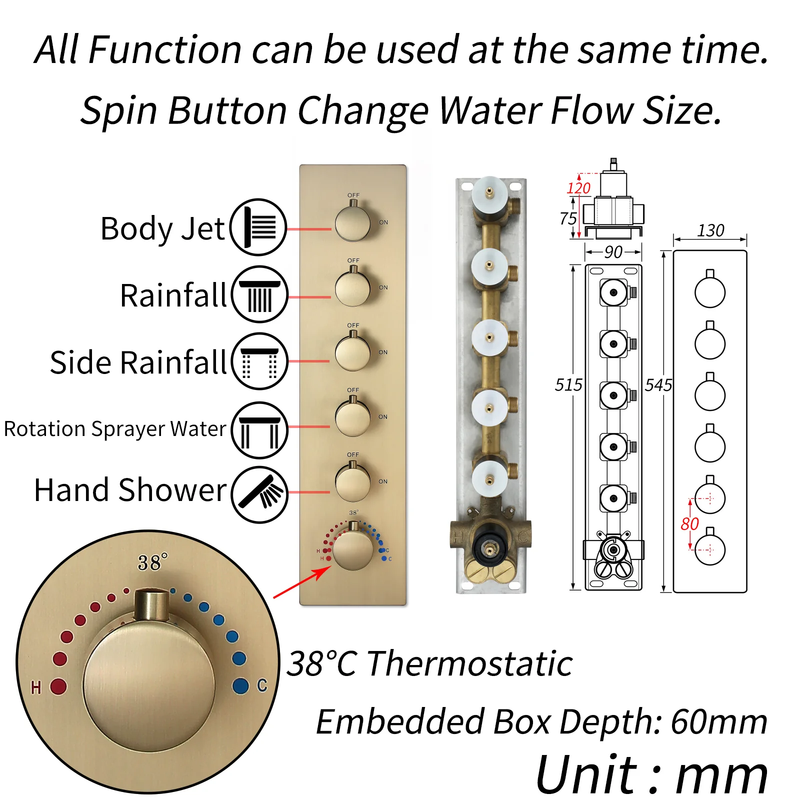 64 LED colors music led flushed in 24x12 inch 3 functions shower head 5 way thermostatic shower faucet with rotate-water massage body jets,4 finish colors options - Image 29