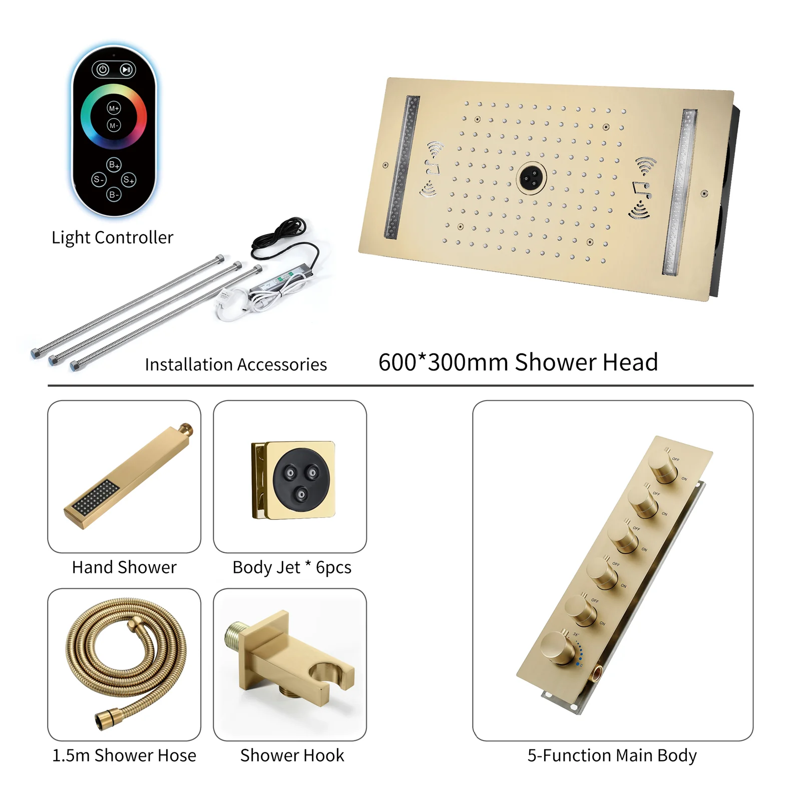 64 LED colors music led flushed in 24x12 inch 3 functions shower head 5 way thermostatic shower faucet with rotate-water massage body jets,4 finish colors options - Image 31