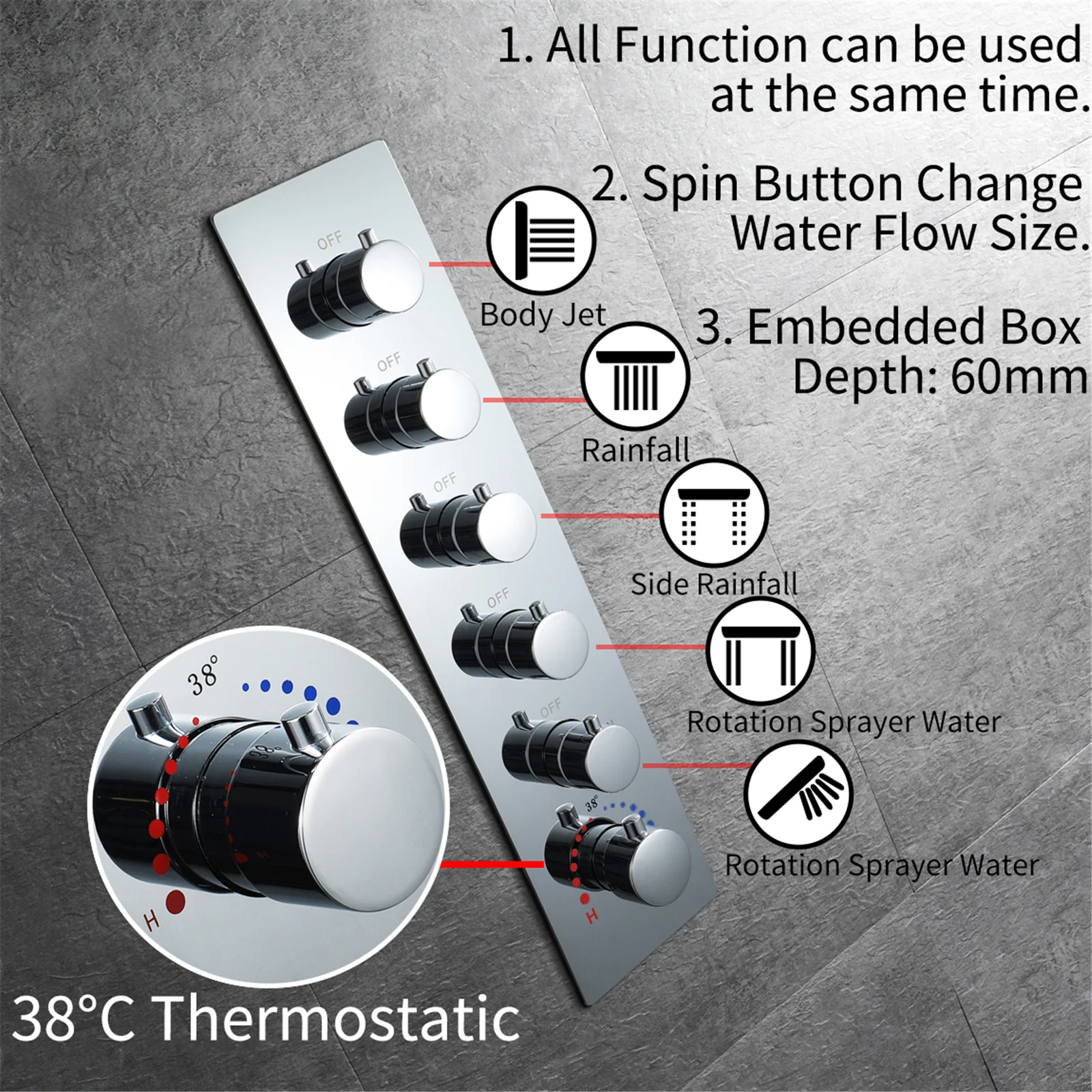 64 LED colors music led flushed in 24x12 inch 3 functions shower head 5 way thermostatic shower faucet with rotate-water massage body jets,4 finish colors options - Image 6