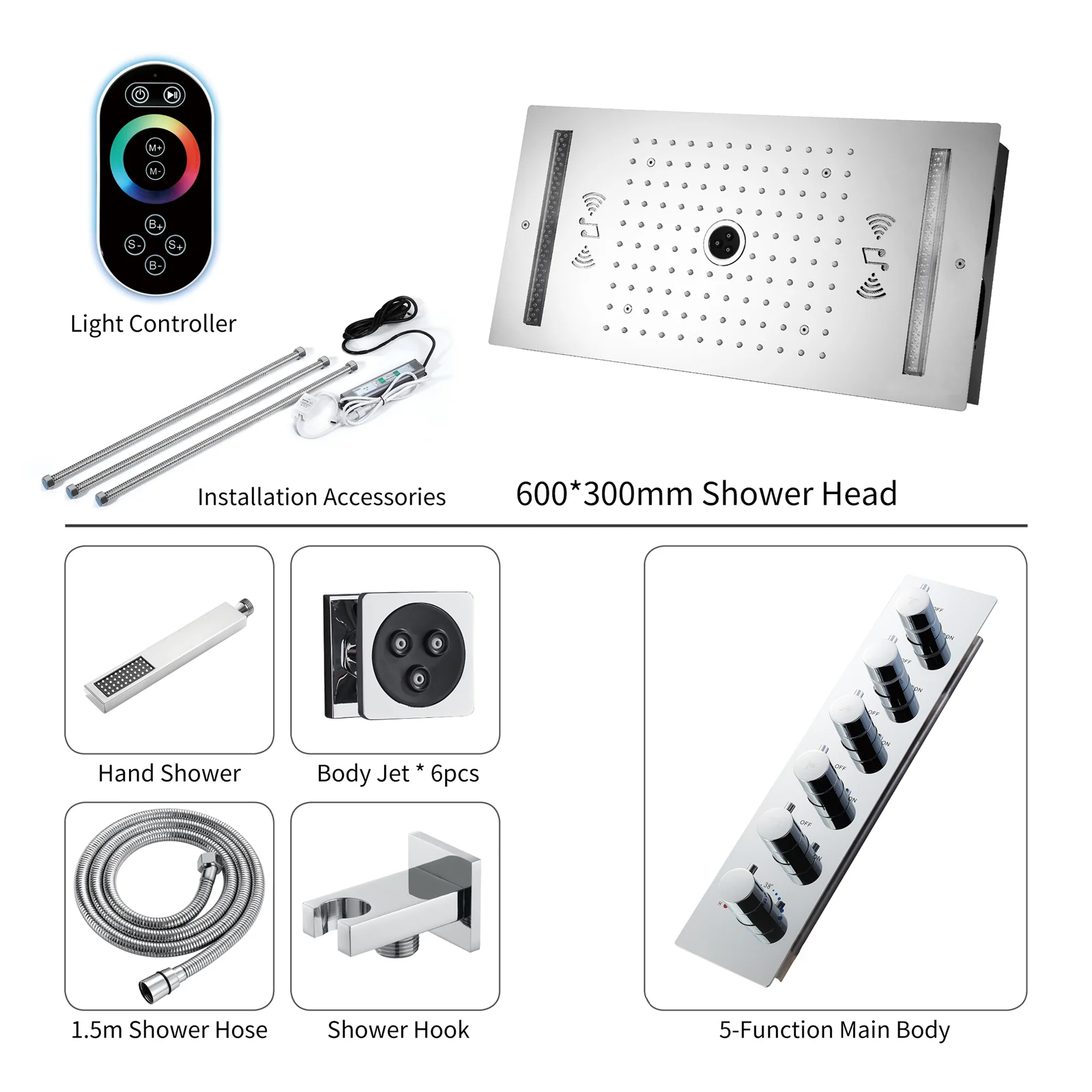 64 LED colors music led flushed in 24x12 inch 3 functions shower head 5 way thermostatic shower faucet with rotate-water massage body jets,4 finish colors options - Image 7