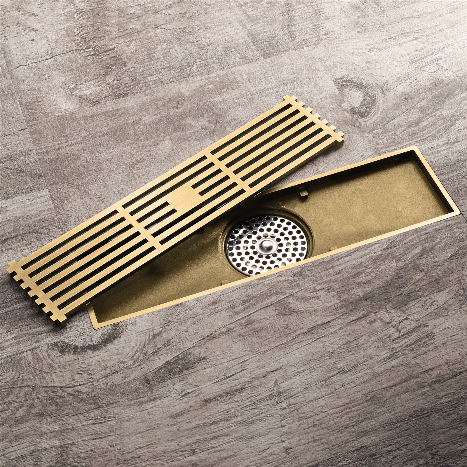 12-Inch Brushed Gold Rectangular Floor Drain - Square Hole Pattern Cover Grate - Removable - Includes Accessories - Image 2