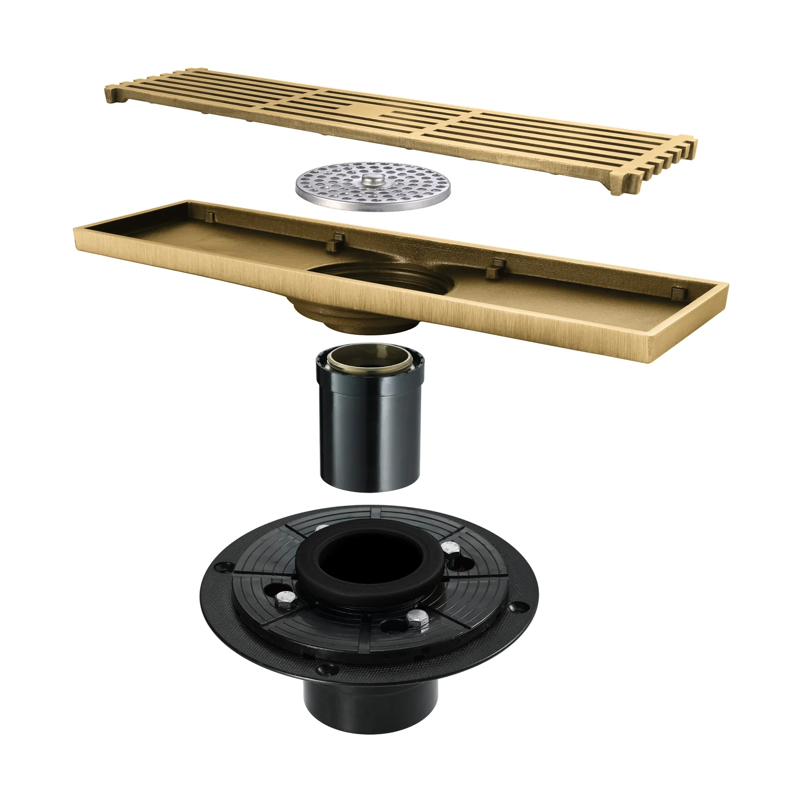 12-Inch Brushed Gold Rectangular Floor Drain - Square Hole Pattern Cover Grate - Removable - Includes Accessories - Image 3
