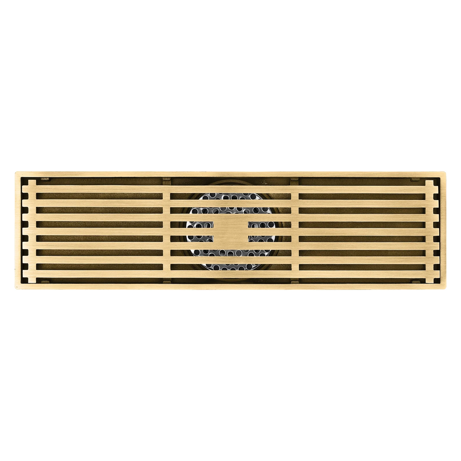 12-Inch Brushed Gold Rectangular Floor Drain - Square Hole Pattern Cover Grate - Removable - Includes Accessories - Image 4