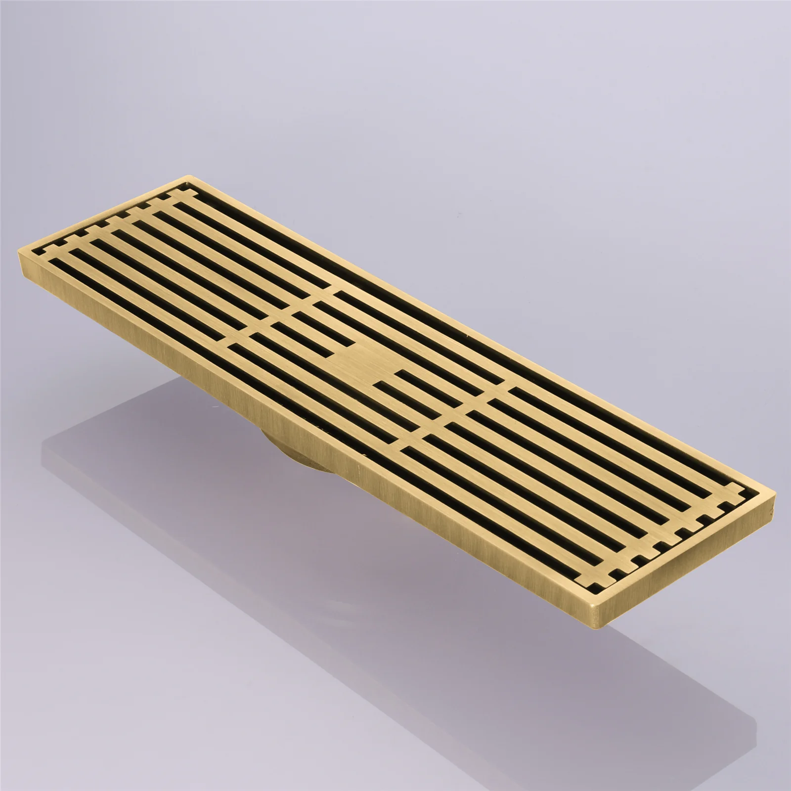 12-Inch Brushed Gold Rectangular Floor Drain - Square Hole Pattern Cover Grate - Removable - Includes Accessories - Image 5