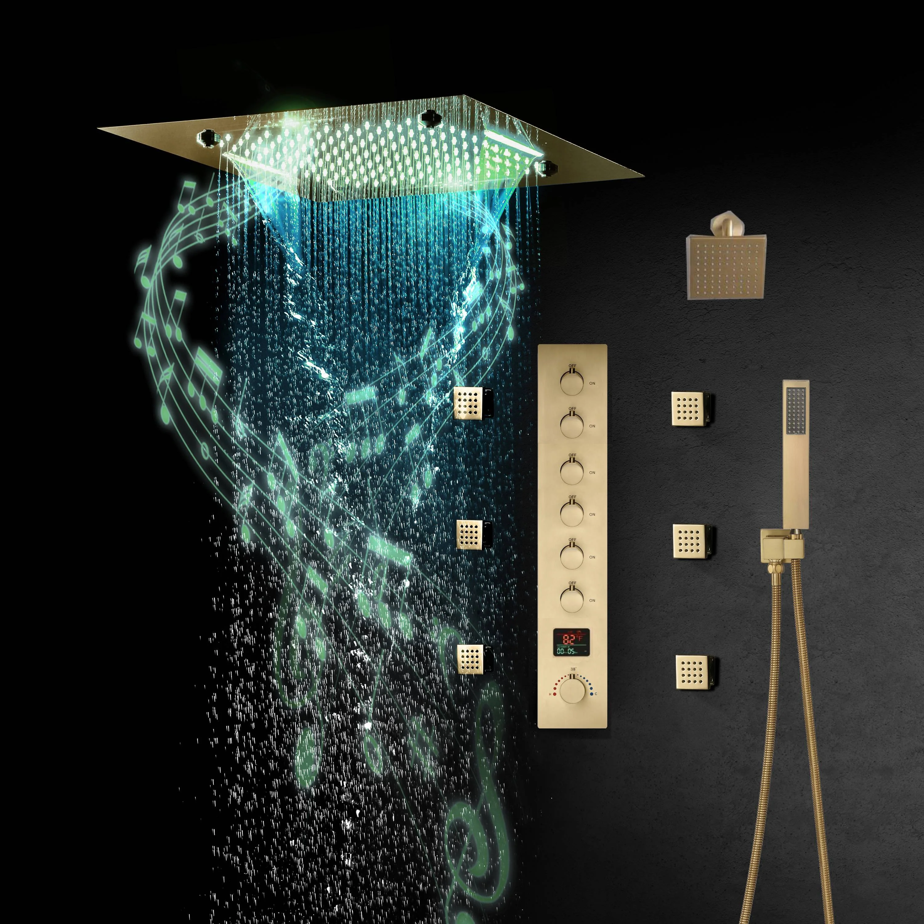 Flush-Mounted Brushed Gold 6-Way Digital Thermostatic Shower System: Six Body Jets, Regular Head, and 20-Inch Rainfall Waterfall Mist Shower Head Featuring Bluetooth Music and 64-Color LED Lights