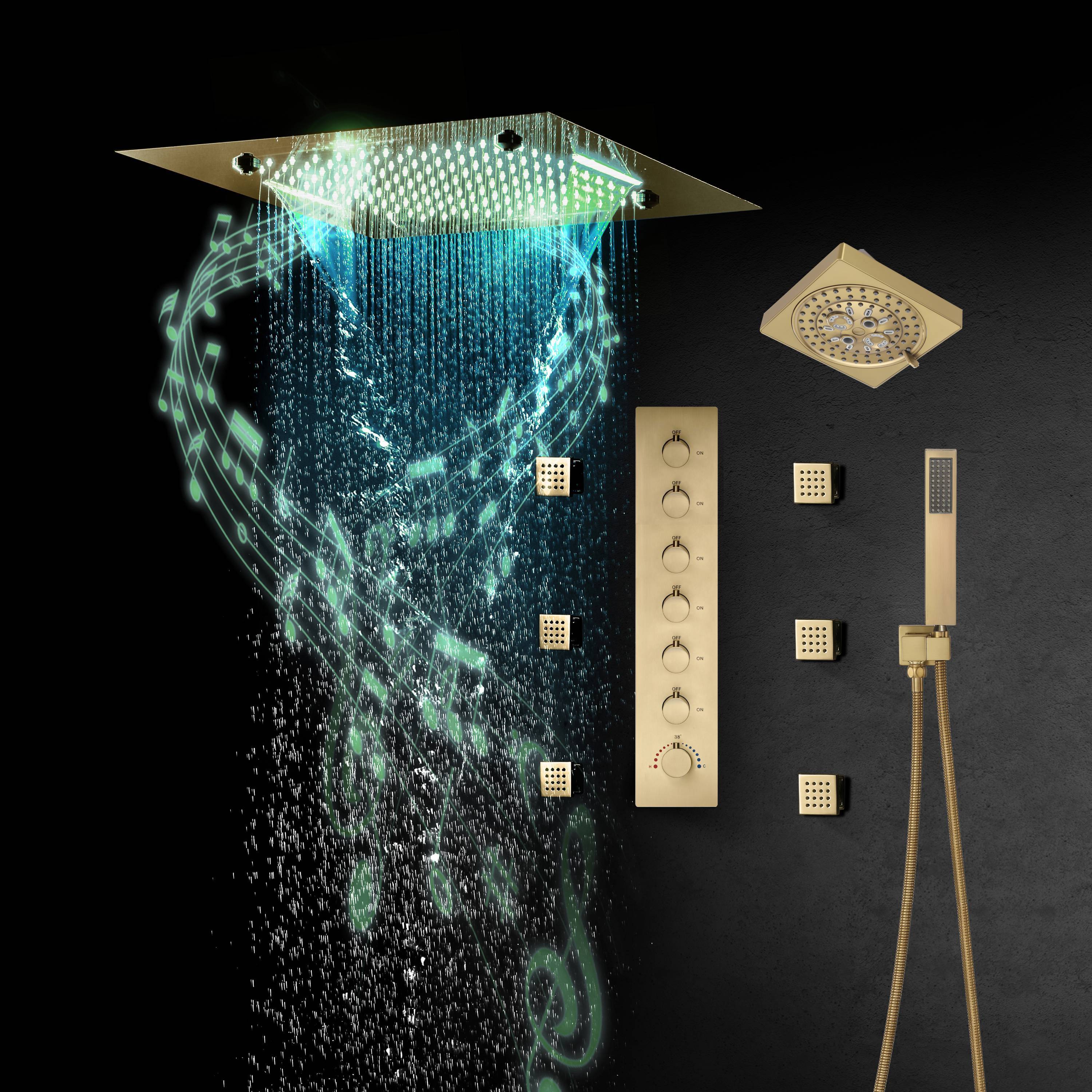 Flush-Mounted Brushed Gold 6-Way Digital Thermostatic Shower System: Six Body Jets, Regular Head, and 20-Inch Rainfall Waterfall Mist Shower Head Featuring Bluetooth Music and 64-Color LED Lights - Image 2