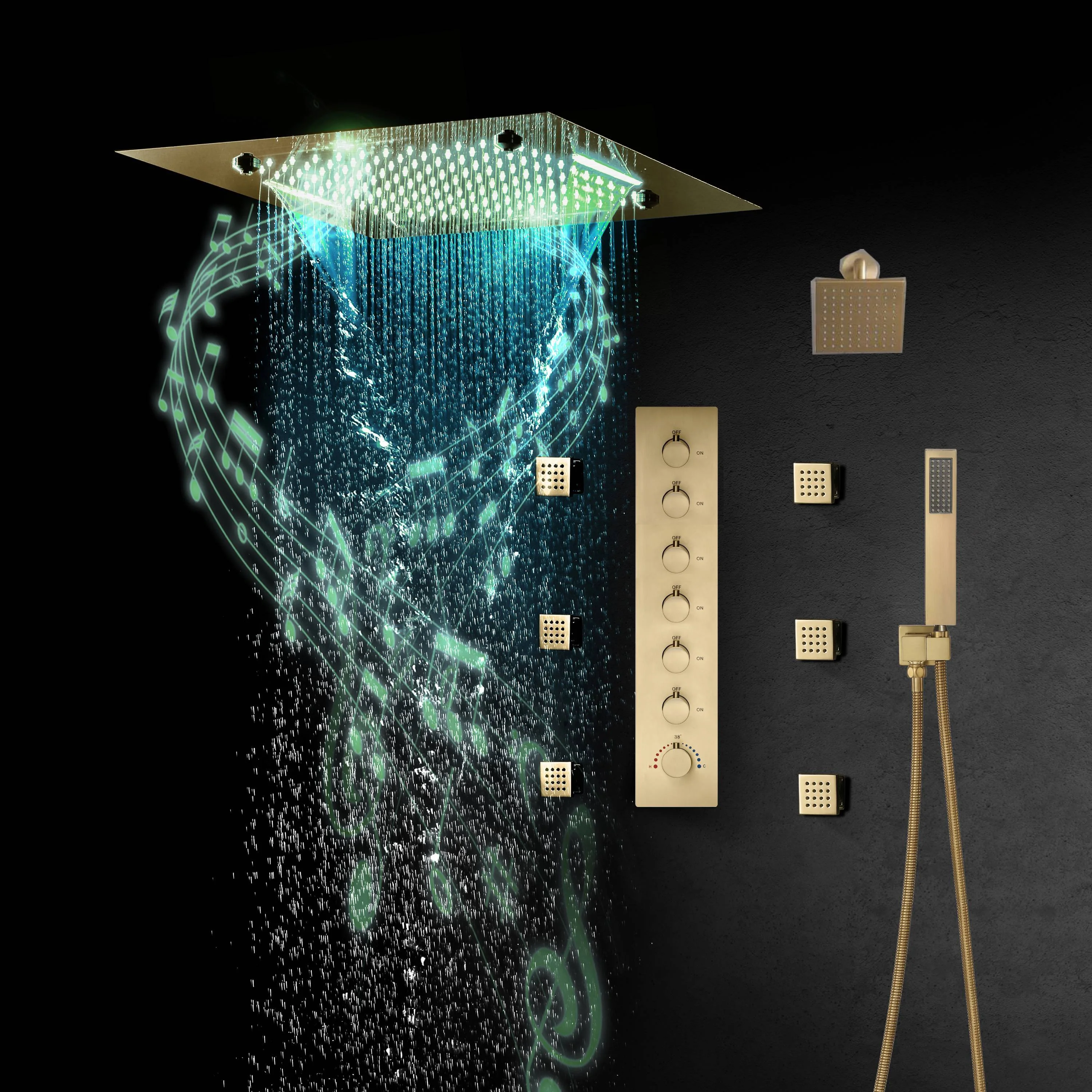 Flush-Mounted Brushed Gold 6-Way Digital Thermostatic Shower System: Six Body Jets, Regular Head, and 20-Inch Rainfall Waterfall Mist Shower Head Featuring Bluetooth Music and 64-Color LED Lights - Image 3