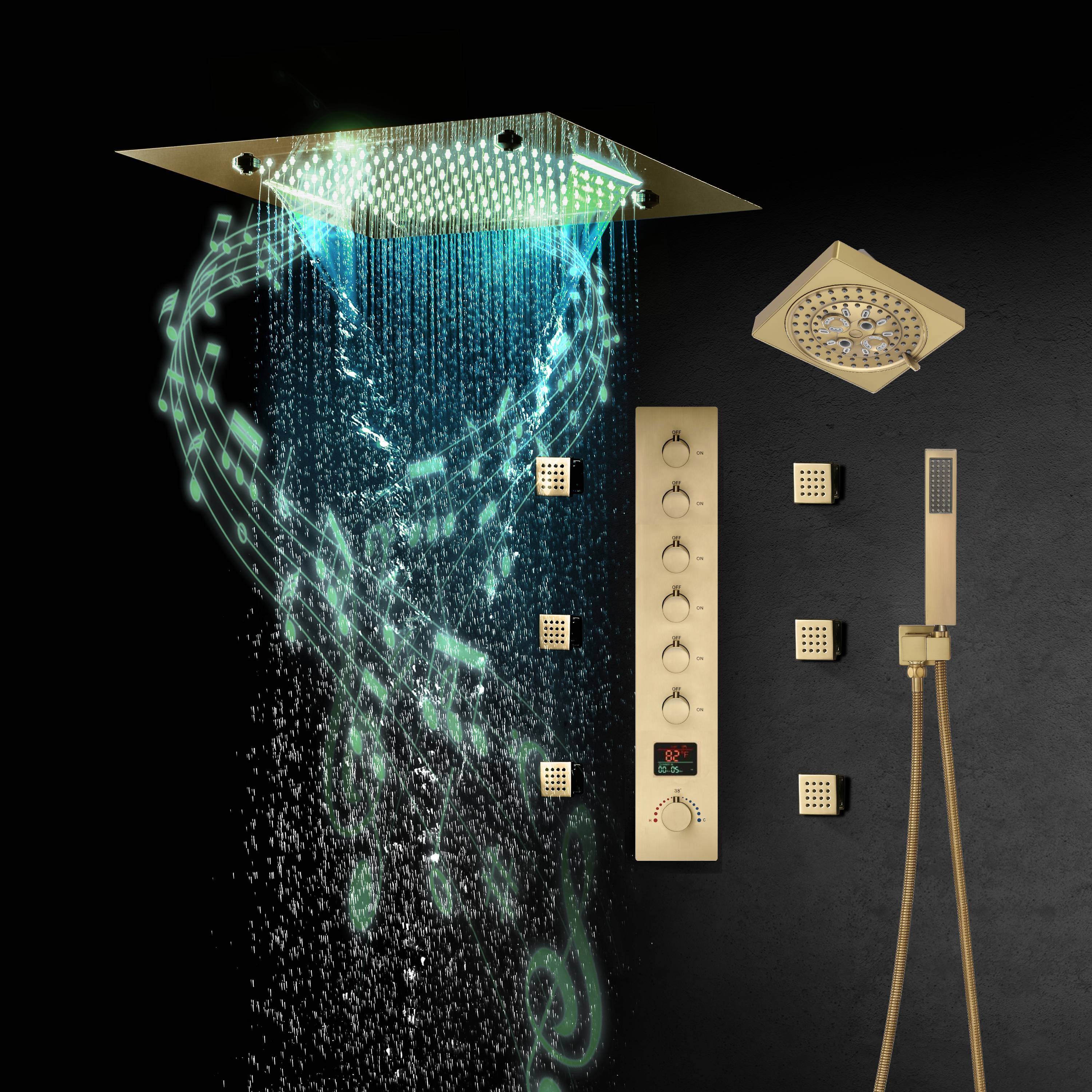 Flush-Mounted Brushed Gold 6-Way Digital Thermostatic Shower System: Six Body Jets, Regular Head, and 20-Inch Rainfall Waterfall Mist Shower Head Featuring Bluetooth Music and 64-Color LED Lights - Image 4