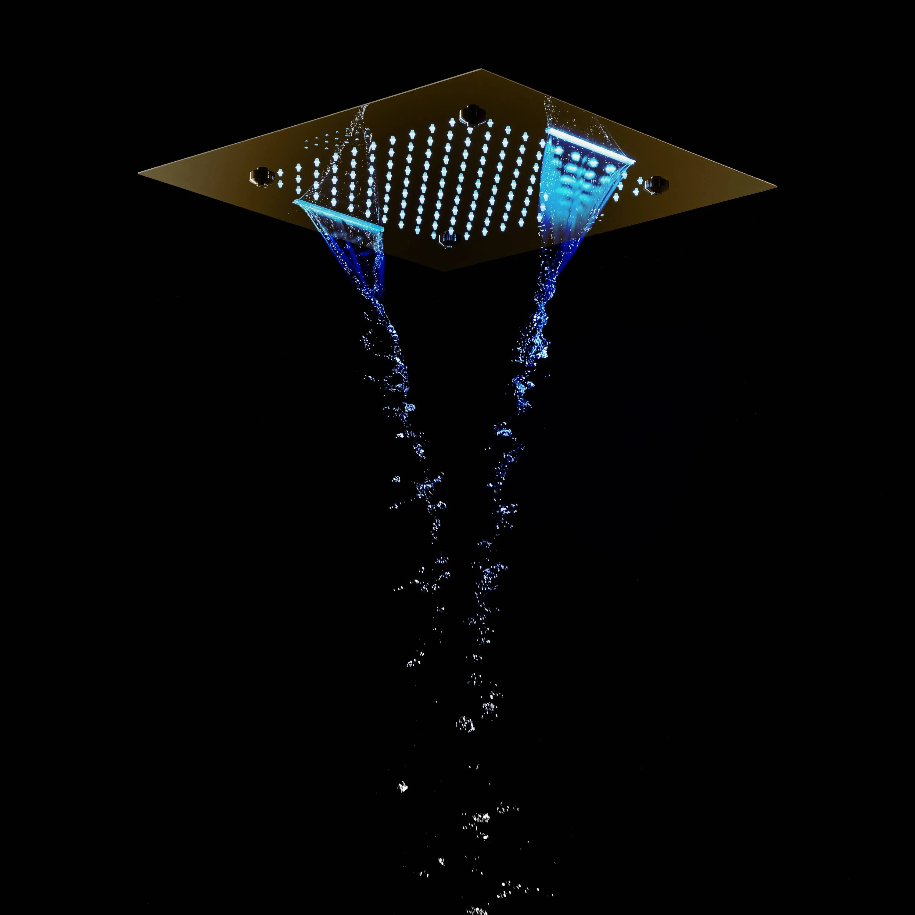 Flush-Mounted Brushed Gold 6-Way Digital Thermostatic Shower System: Six Body Jets, Regular Head, and 20-Inch Rainfall Waterfall Mist Shower Head Featuring Bluetooth Music and 64-Color LED Lights - Image 9