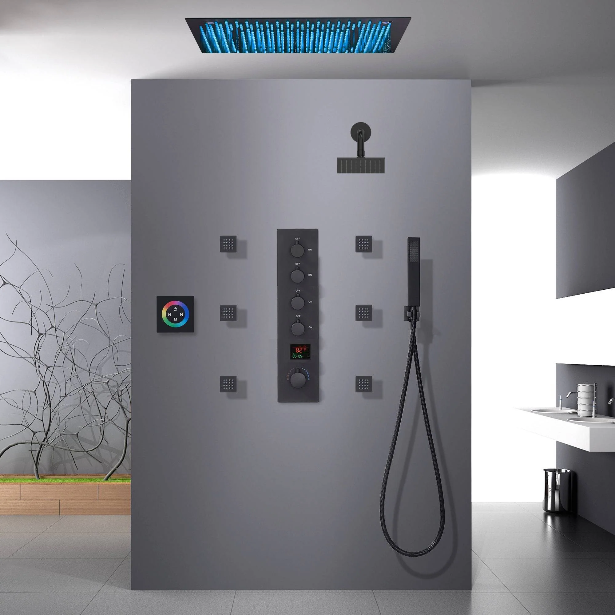 Matte Black 16 inch or 20-Inch Flush Mount Rainfall Shower System with 64-Color LED, 4-Way Digital Thermostatic Valve, Regular Head, 6 Body Jets, and Touch Panel