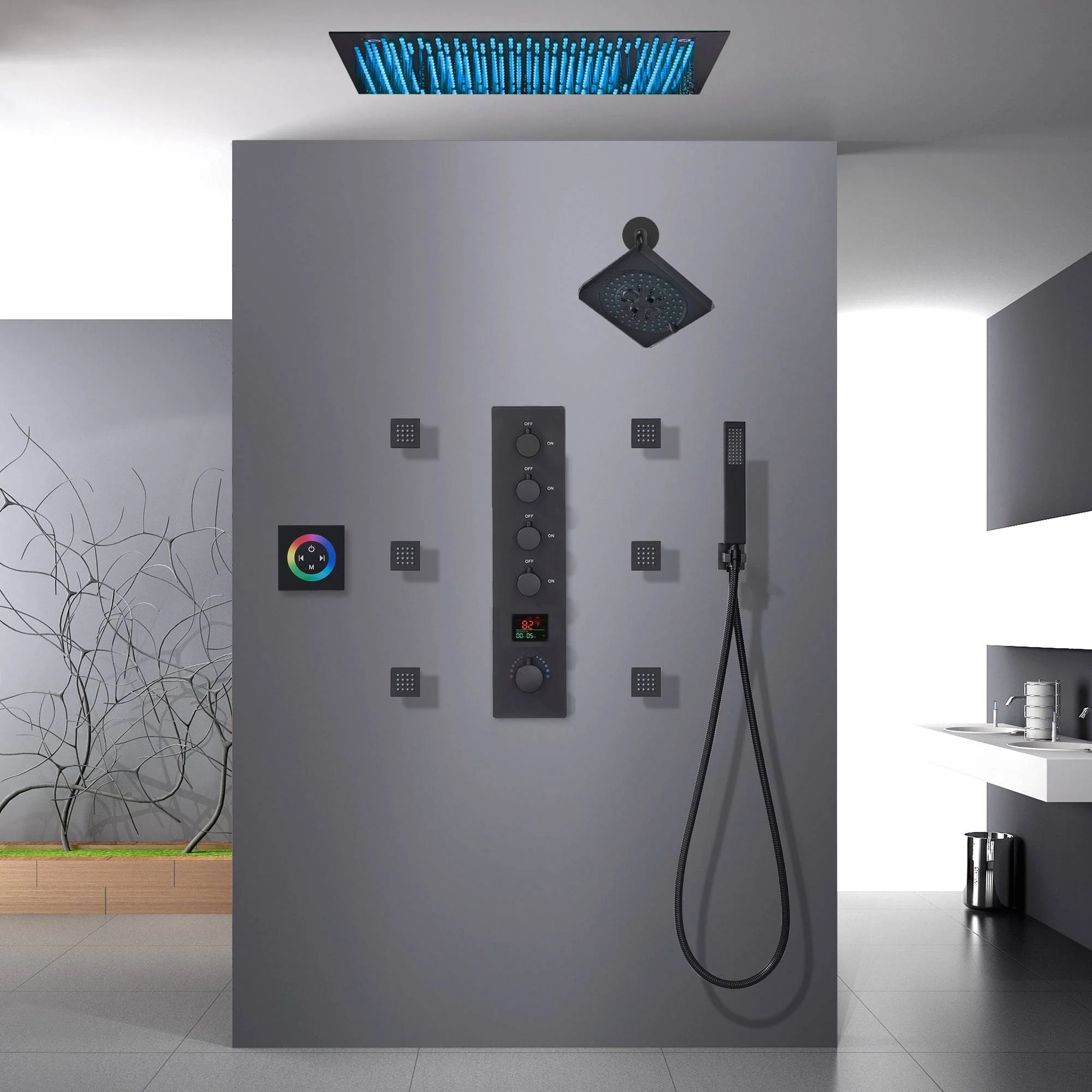 Matte Black 16 inch or 20-Inch Flush Mount Rainfall Shower System with 64-Color LED, 4-Way Digital Thermostatic Valve, Regular Head, 6 Body Jets, and Touch Panel - Image 2