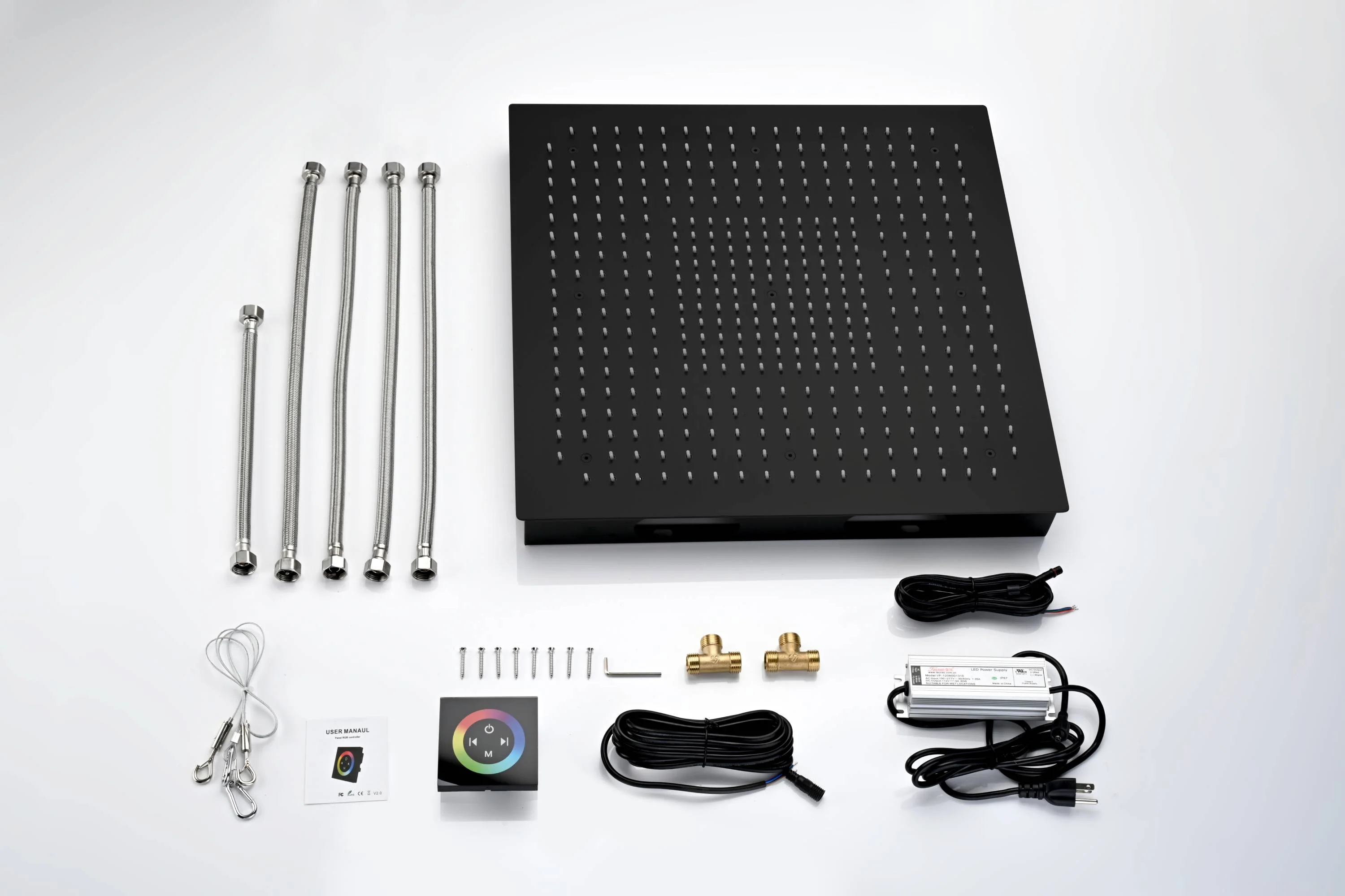 Matte Black 16 inch or 20-Inch Flush Mount Rainfall Shower System with 64-Color LED, 4-Way Digital Thermostatic Valve, Regular Head, 6 Body Jets, and Touch Panel - Image 27