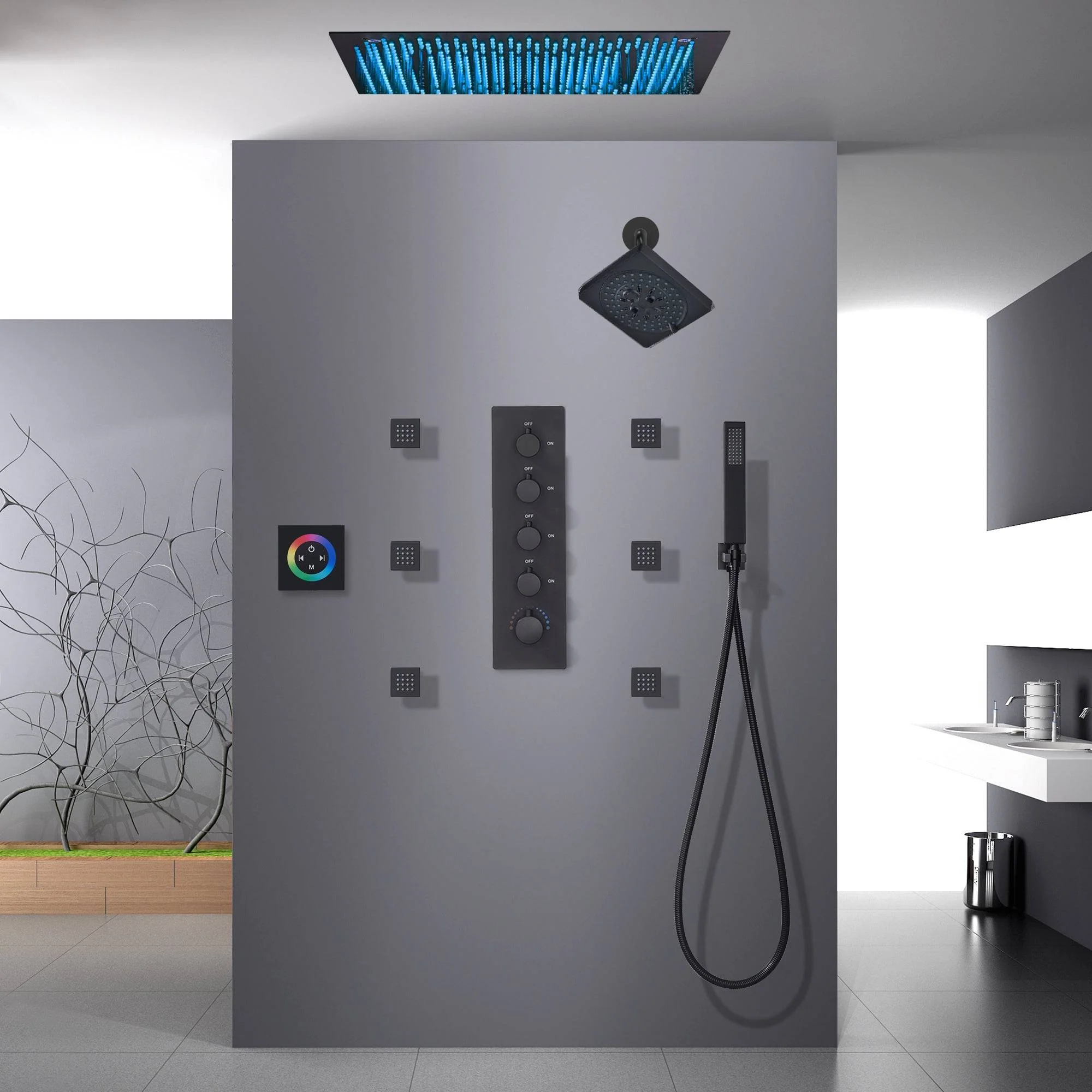 Matte Black 16 inch or 20-Inch Flush Mount Rainfall Shower System with 64-Color LED, 4-Way Digital Thermostatic Valve, Regular Head, 6 Body Jets, and Touch Panel - Image 4