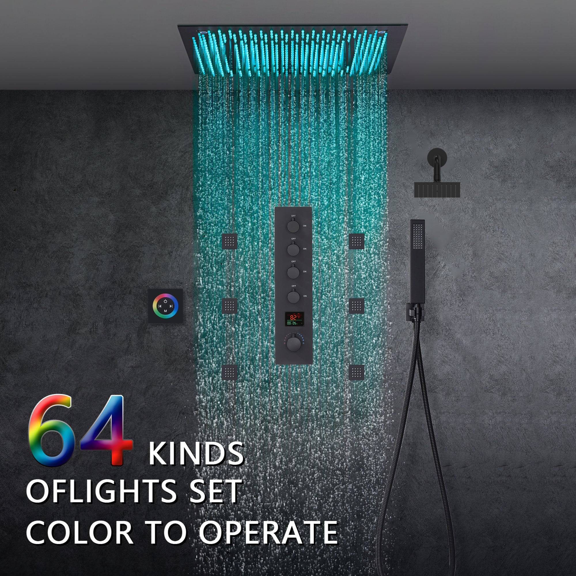 Matte Black 16 inch or 20-Inch Flush Mount Rainfall Shower System with 64-Color LED, 4-Way Digital Thermostatic Valve, Regular Head, 6 Body Jets, and Touch Panel - Image 6