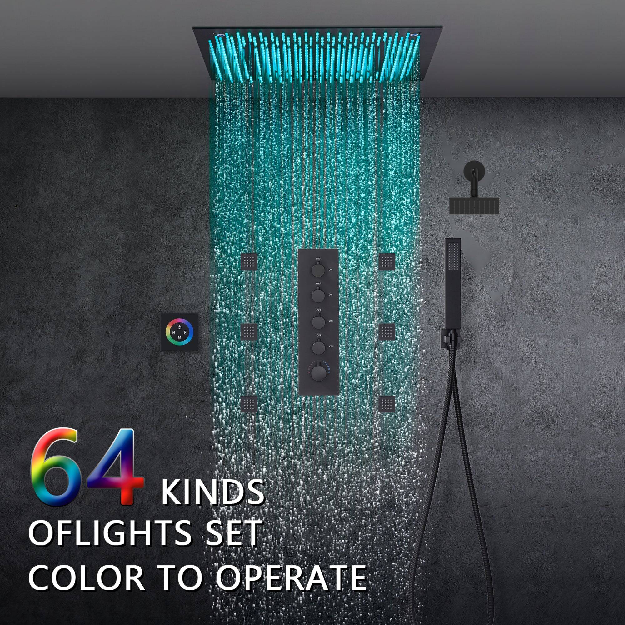 Matte Black 16 inch or 20-Inch Flush Mount Rainfall Shower System with 64-Color LED, 4-Way Digital Thermostatic Valve, Regular Head, 6 Body Jets, and Touch Panel - Image 7