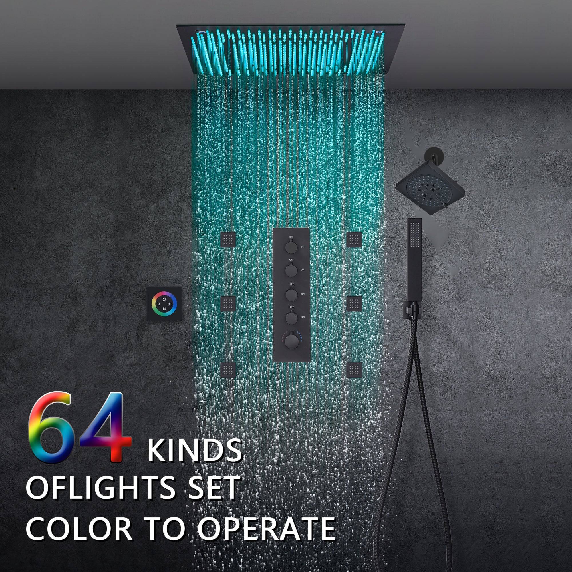 Matte Black 16 inch or 20-Inch Flush Mount Rainfall Shower System with 64-Color LED, 4-Way Digital Thermostatic Valve, Regular Head, 6 Body Jets, and Touch Panel - Image 8