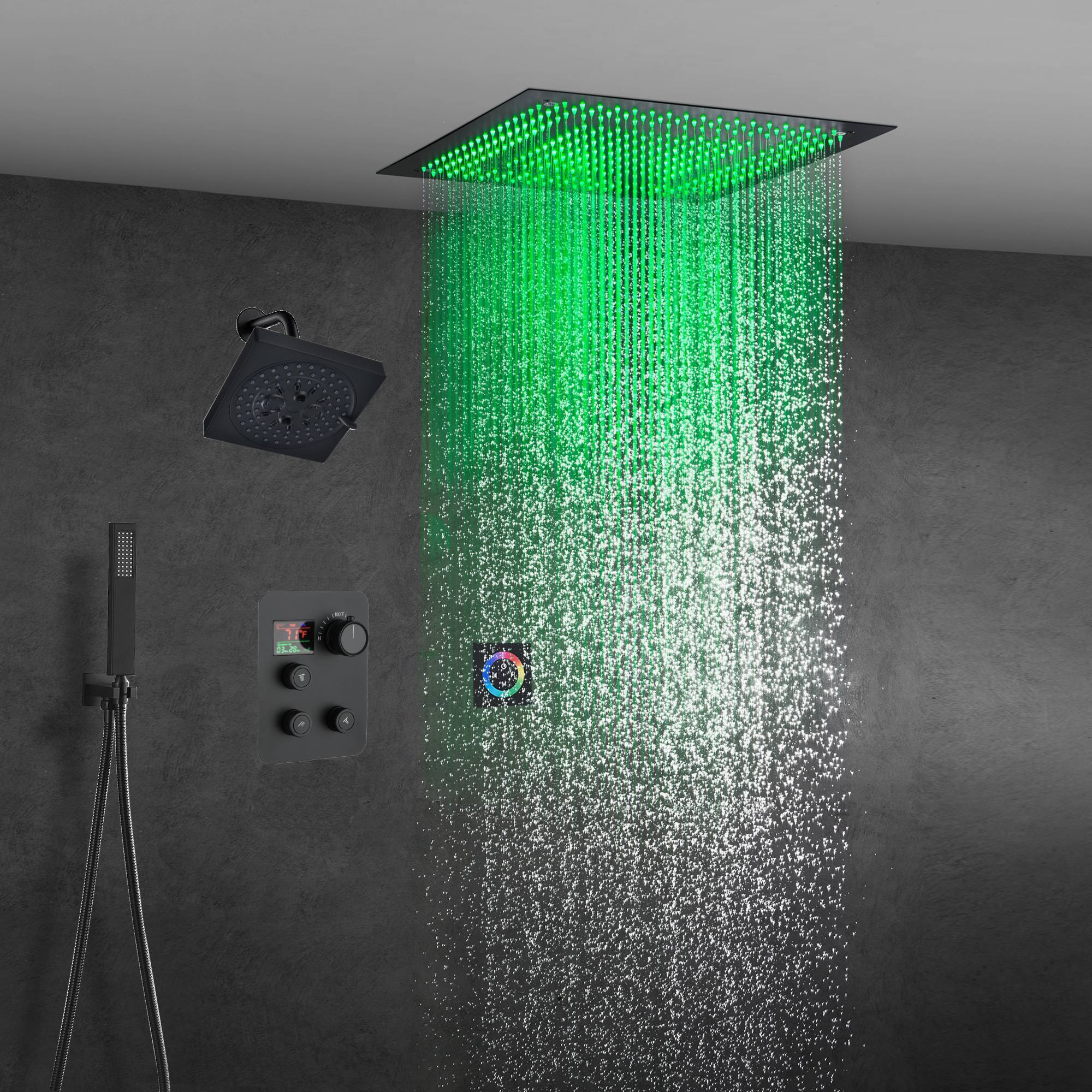 Matte Black 20" LED Rainfall Shower System with 3-Way Thermostatic Valve, Regular Head - Image 2