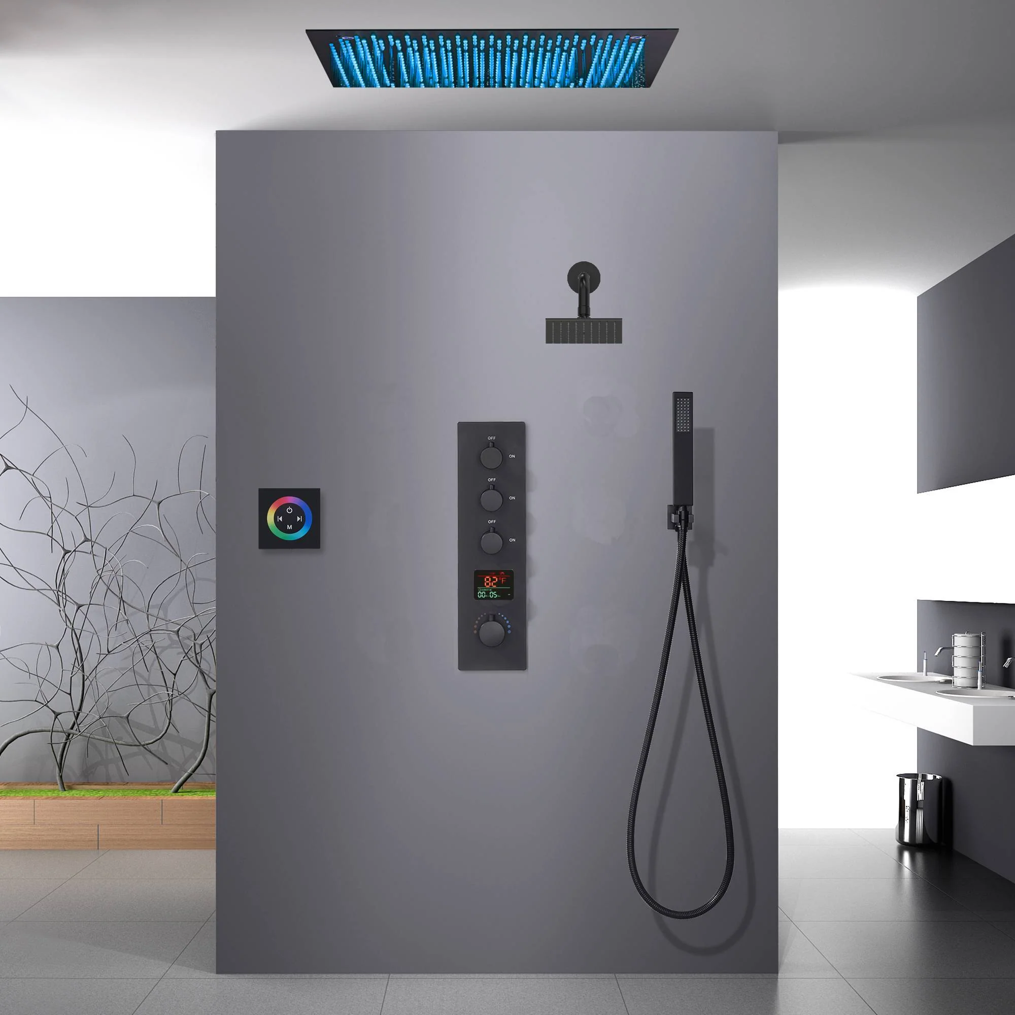 Matte Black 20" LED Rainfall Shower System with 3-Way Thermostatic Valve, Regular Head - Image 3