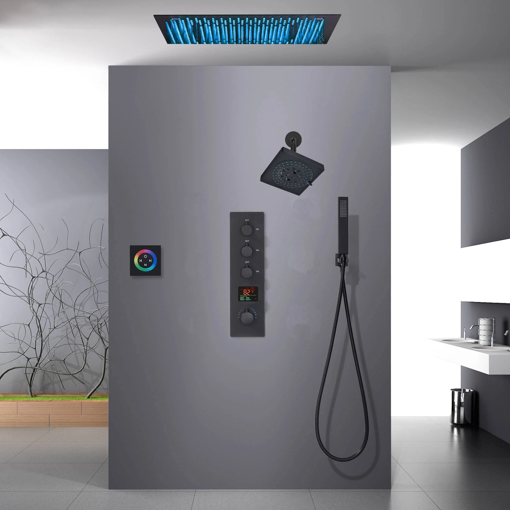 Matte Black 20" LED Rainfall Shower System with 3-Way Thermostatic Valve, Regular Head - Image 4