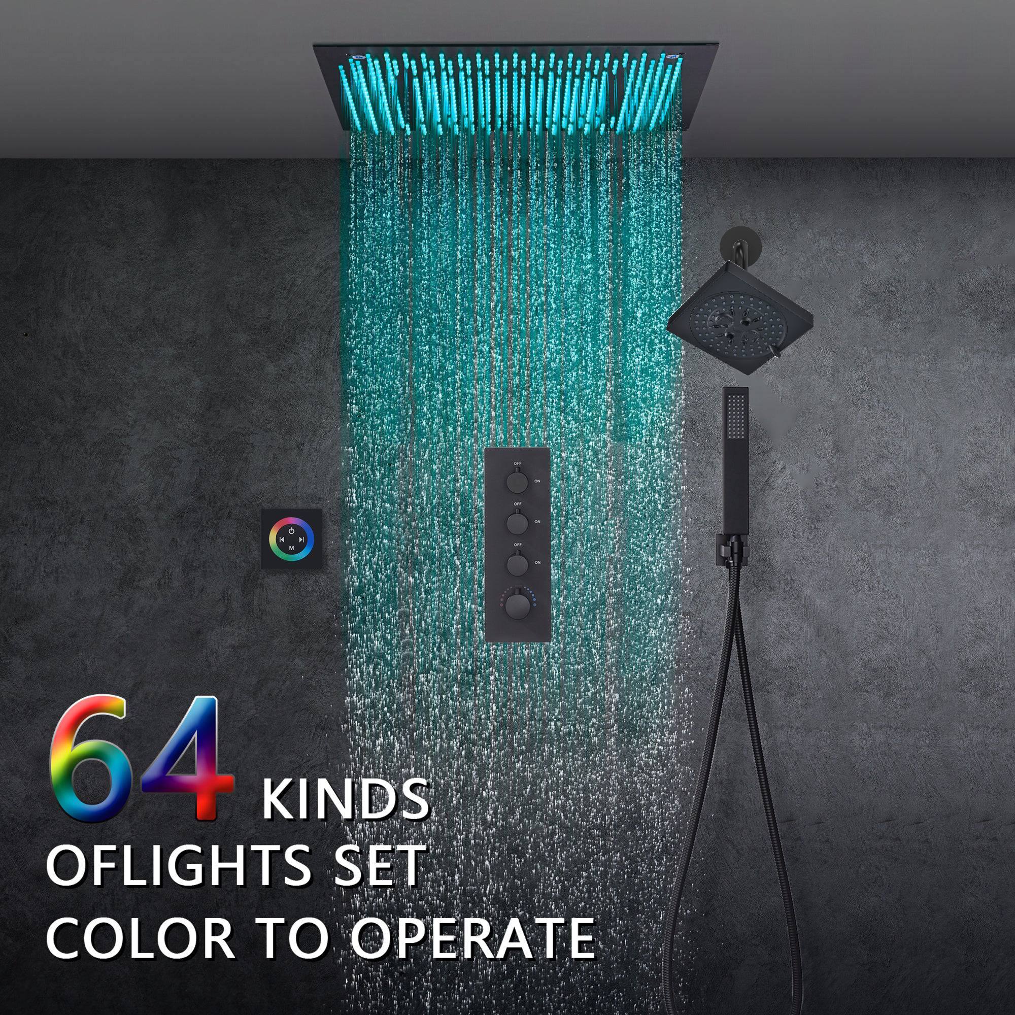 Matte Black 20" LED Rainfall Shower System with 3-Way Thermostatic Valve, Regular Head - Image 6