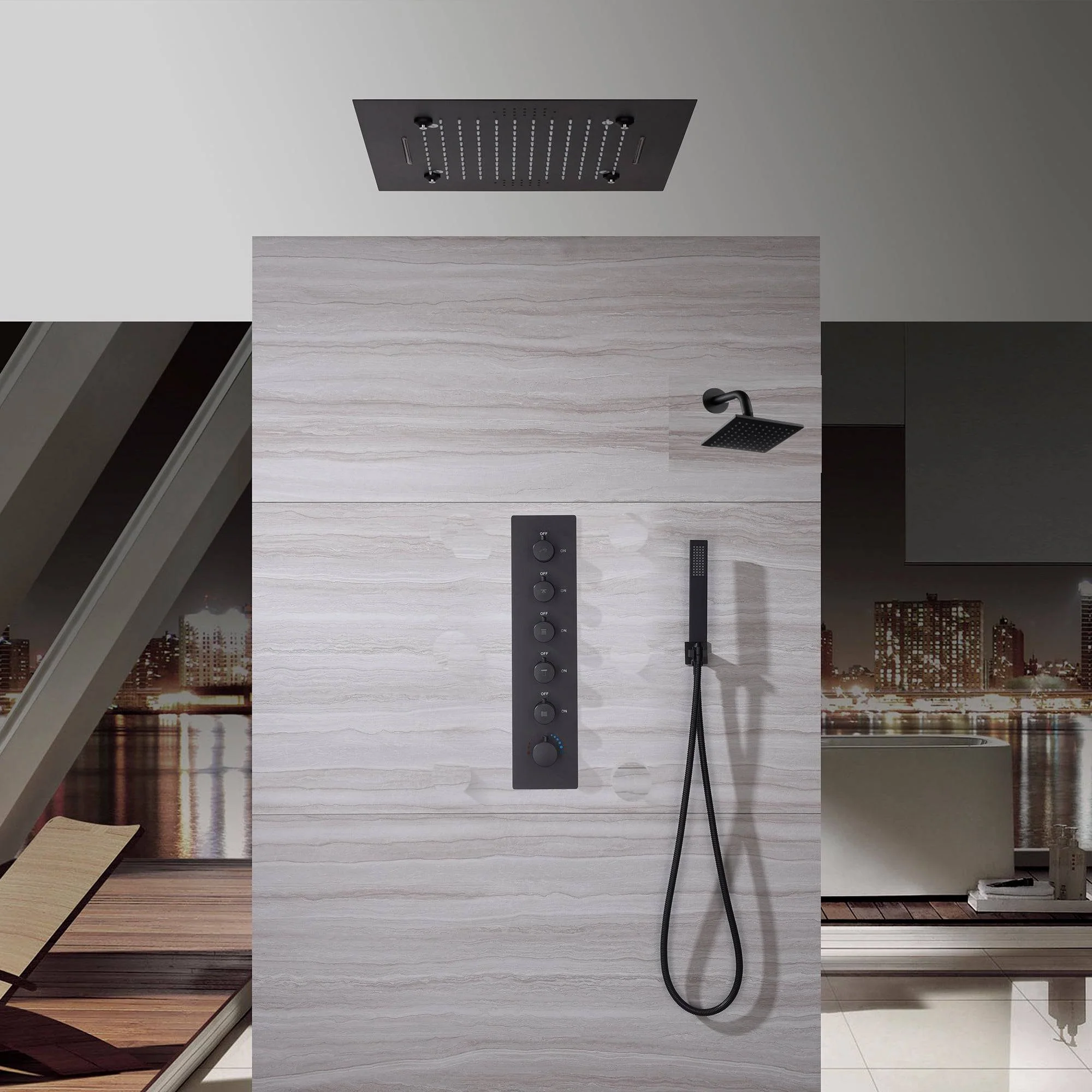Bluetooth Music 64 LED colors 20 inch Matte Black flushed on rainfall waterfall mist shower systems 5 way thermostatic valve with 6 inch regular head and touch panel - Image 2