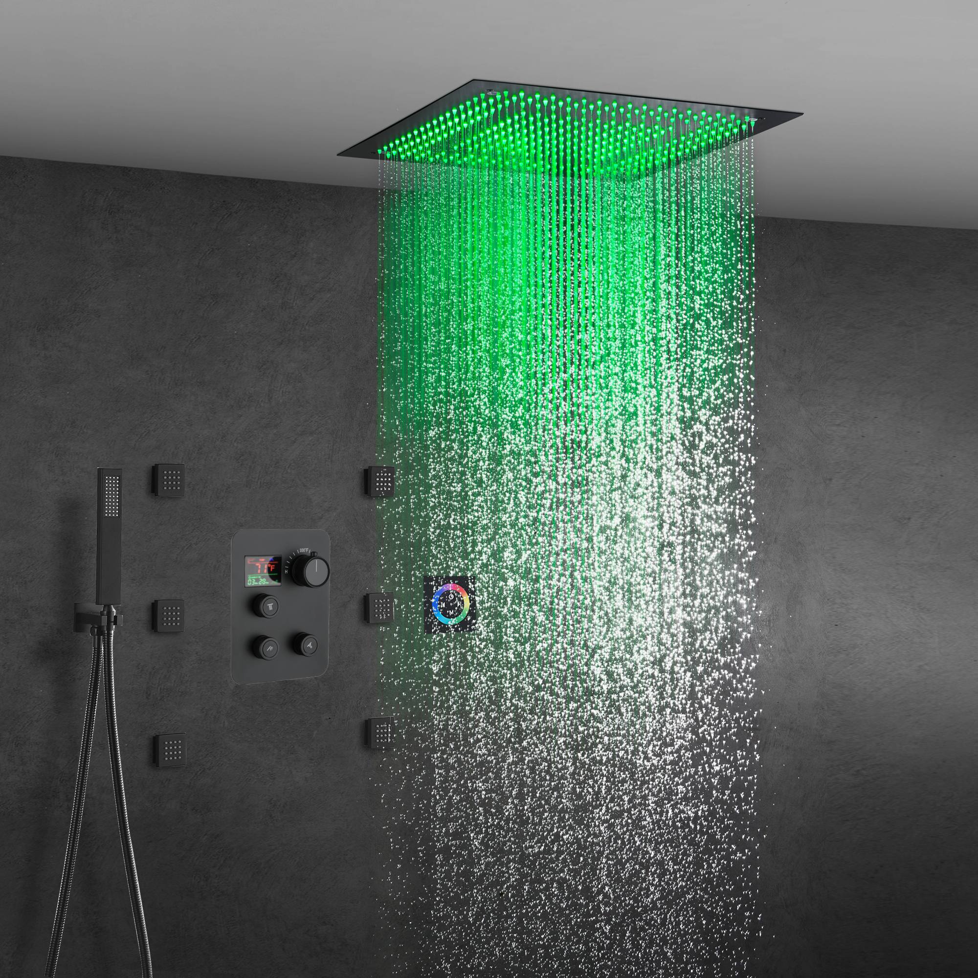Matte Black 20" or 24'' Rainfall Shower System with 3-Way Digital Thermostatic Valve, 6 Body Jets