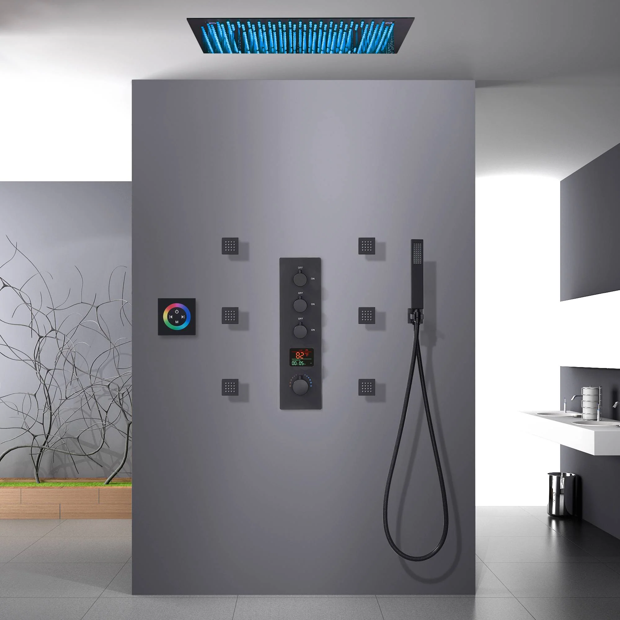 Matte Black 20" or 24'' Rainfall Shower System with 3-Way Digital Thermostatic Valve, 6 Body Jets - Image 2