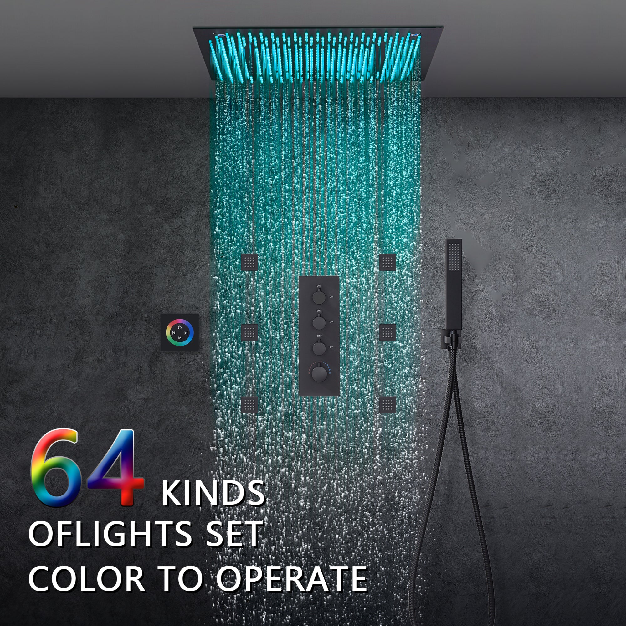 Matte Black 20" or 24'' Rainfall Shower System with 3-Way Digital Thermostatic Valve, 6 Body Jets - Image 3