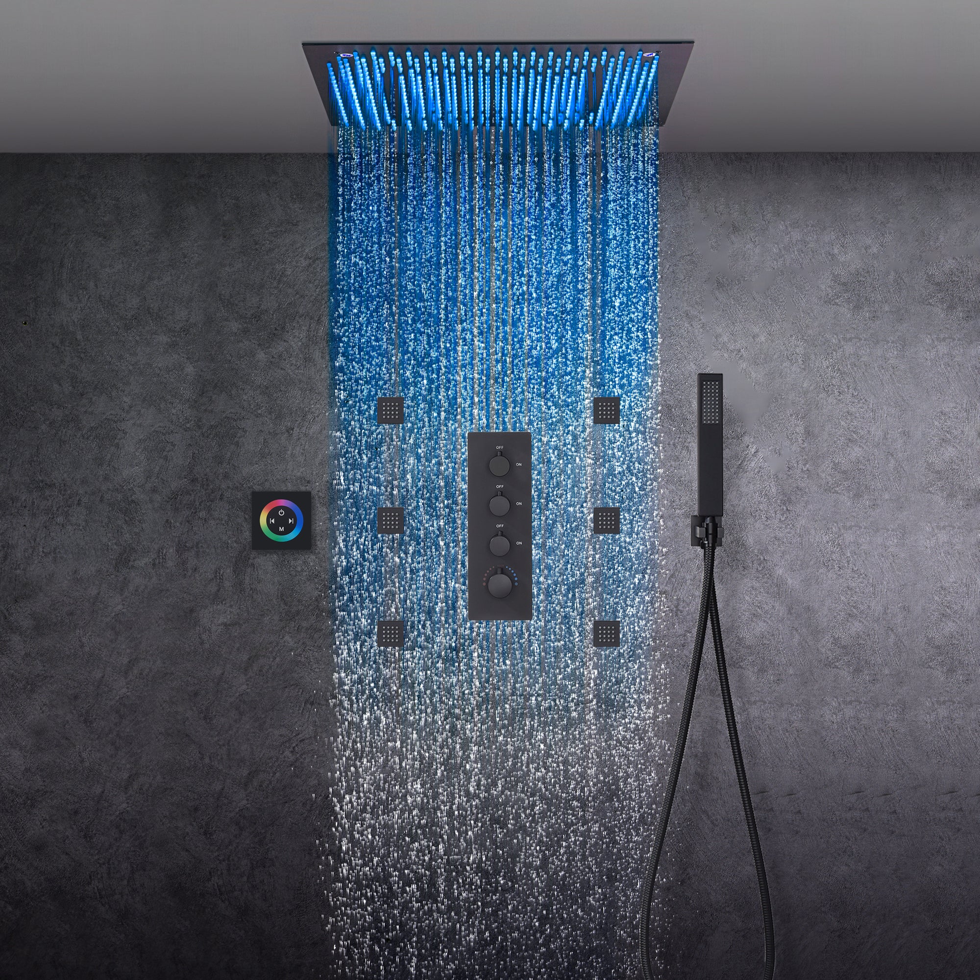 Matte Black 20" or 24'' Rainfall Shower System with 3-Way Digital Thermostatic Valve, 6 Body Jets - Image 5