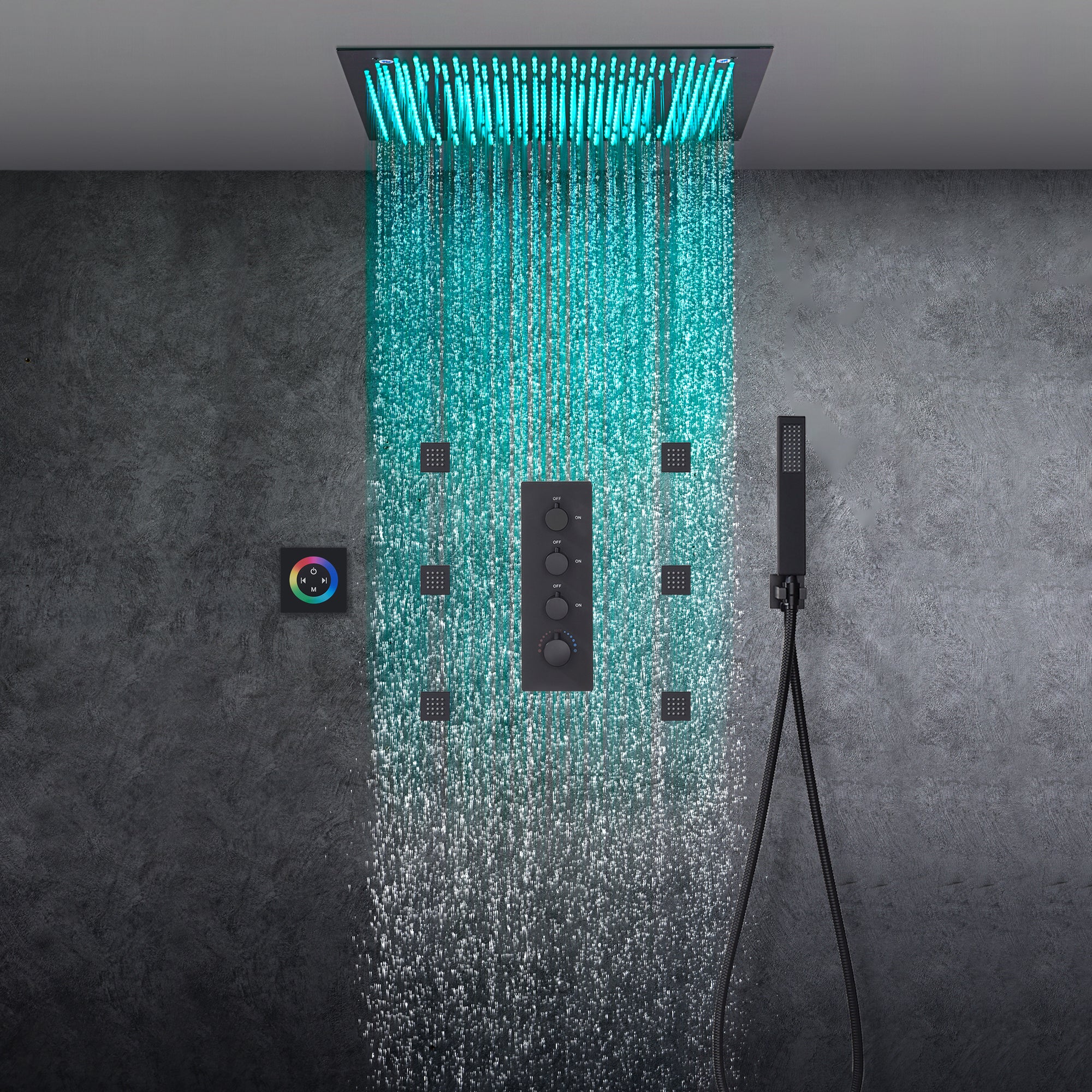 Matte Black 20" or 24'' Rainfall Shower System with 3-Way Digital Thermostatic Valve, 6 Body Jets - Image 6