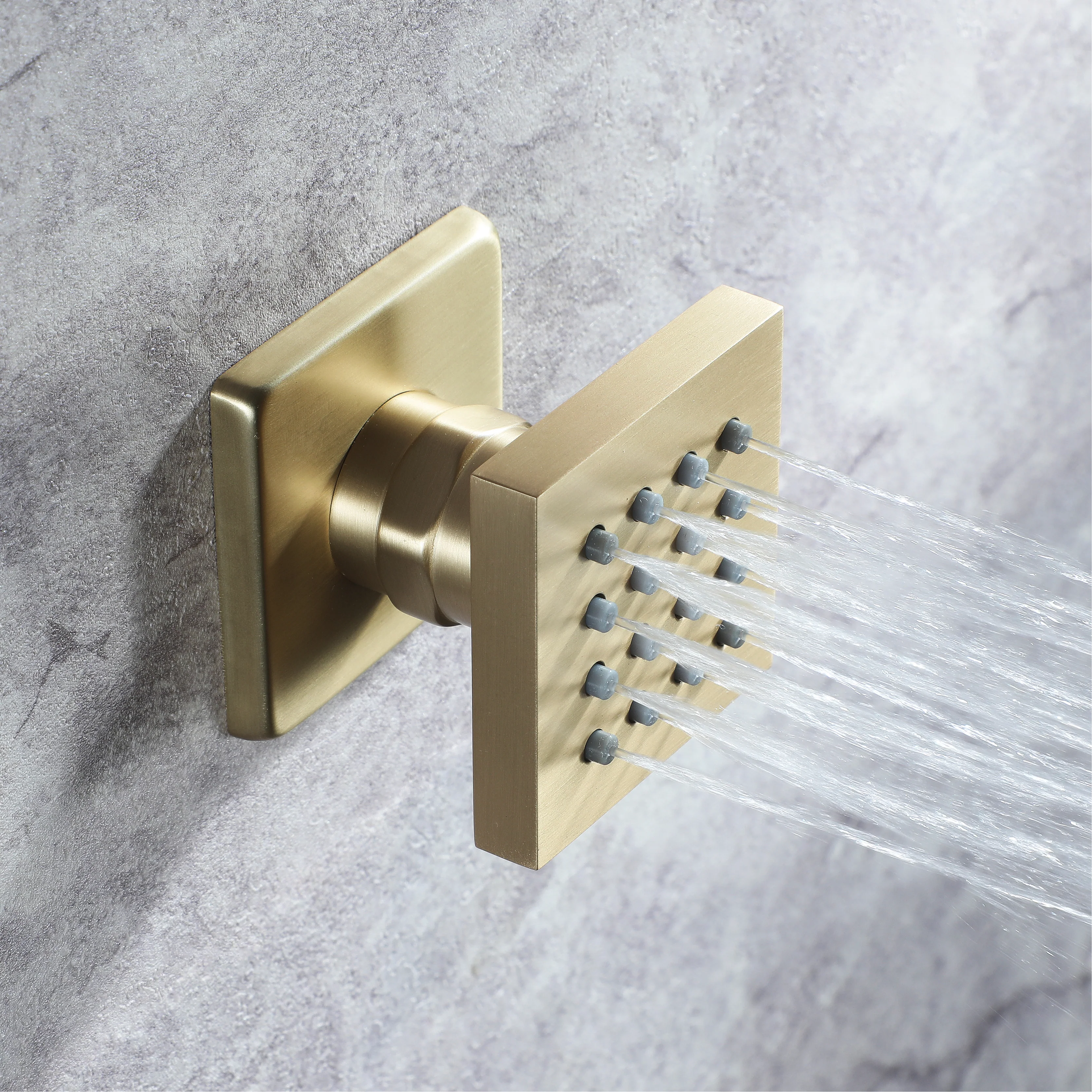Brushed Gold 5-Way Thermostatic Shower System with 20-Inch LED Rainfall, Waterfall, and Mist Functions, Bluetooth Music, 6 Body Jets, and Touch Panel Control, Flush-Mounted Design - Image 10