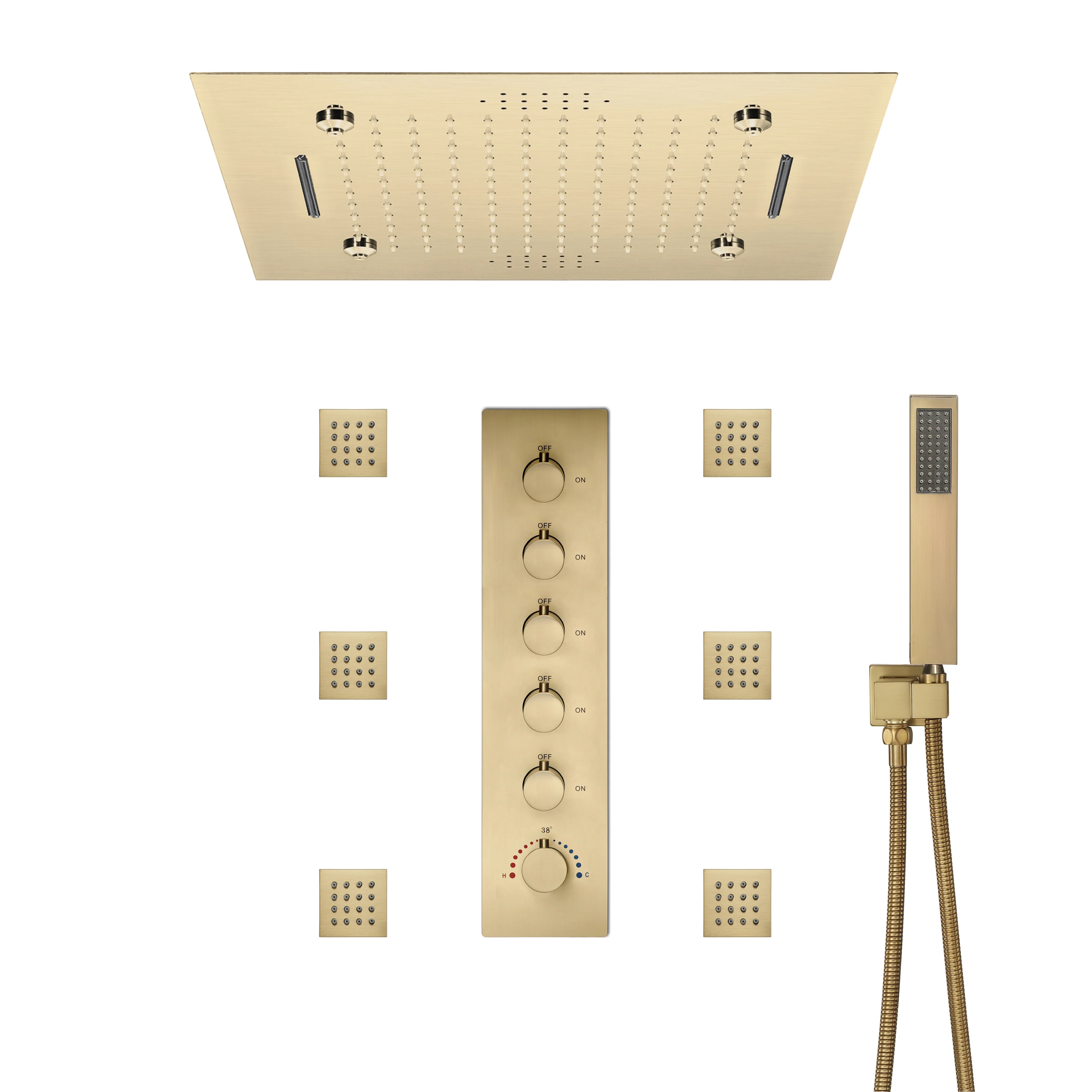 Brushed Gold 5-Way Thermostatic Shower System with 20-Inch LED Rainfall, Waterfall, and Mist Functions, Bluetooth Music, 6 Body Jets, and Touch Panel Control, Flush-Mounted Design - Image 7
