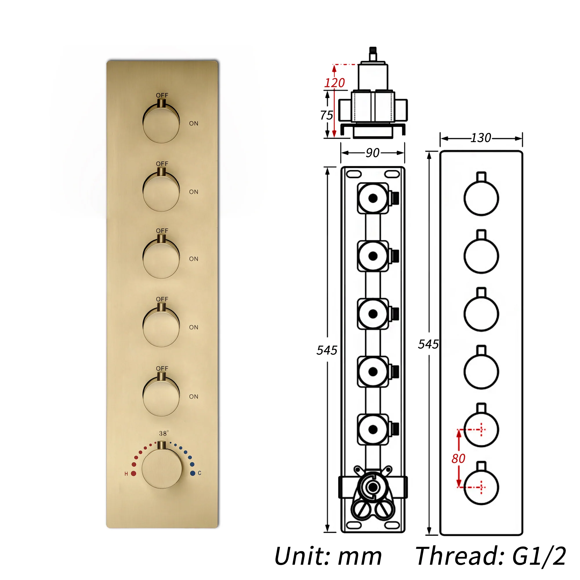 Brushed Gold 5-Way Thermostatic Shower System with 20-Inch LED Rainfall, Waterfall, and Mist Functions, Bluetooth Music, 6 Body Jets, and Touch Panel Control, Flush-Mounted Design - Image 9