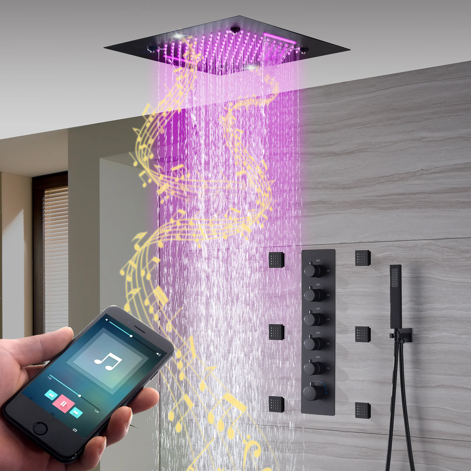 20-Inch Matte Black Rainfall, Waterfall, and Mist Shower System with LED Colors, Bluetooth Music, 5-Way Thermostatic Valve, 6 Body Jets, and Touch Panel - Image 2
