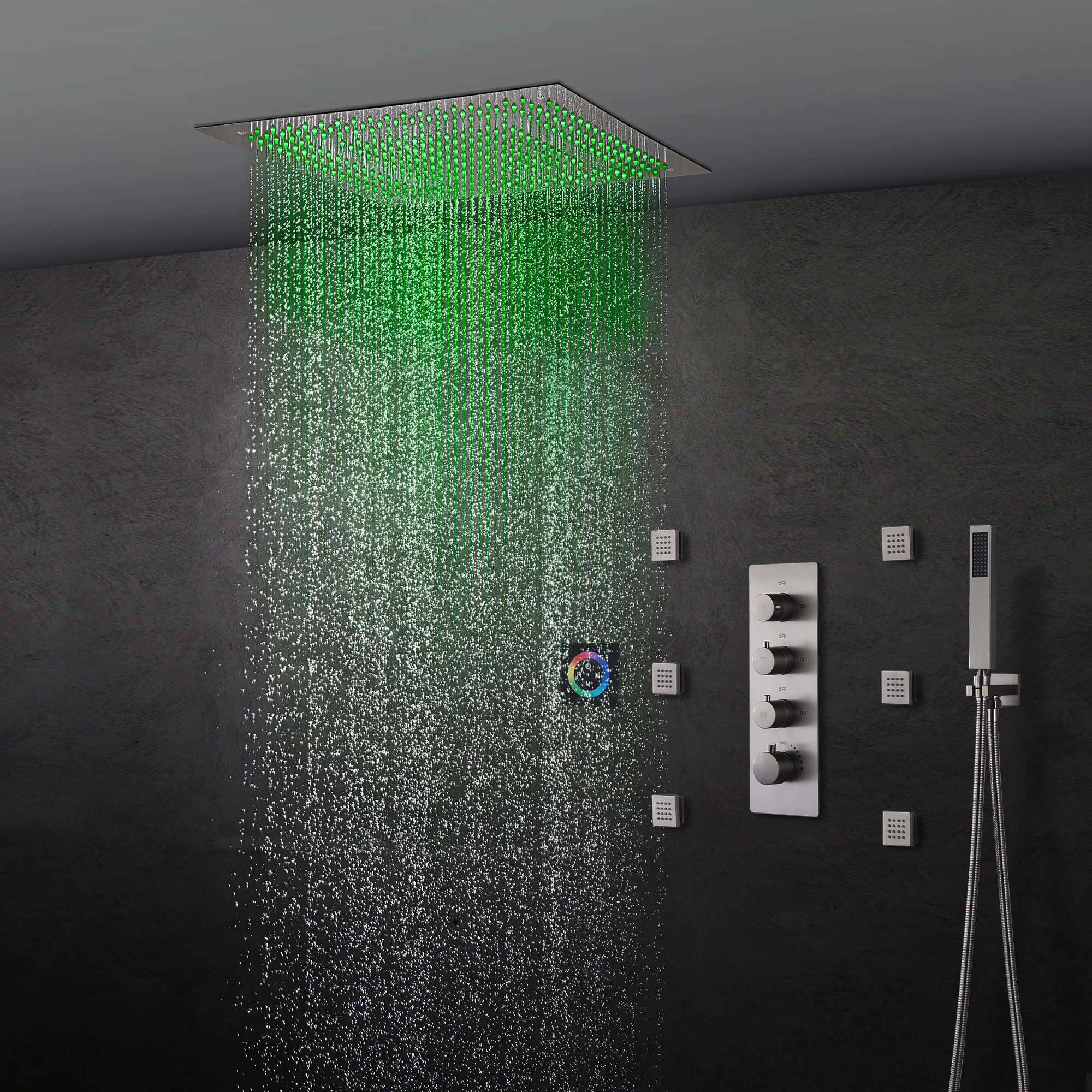 Brushed Nickel 3-Way Thermostatic Shower System with 20-Inch LED Rainfall Showerhead, Digital Display, 6 Body Jets and Touch Panel Control, Flush-Mounted Design - Image 10