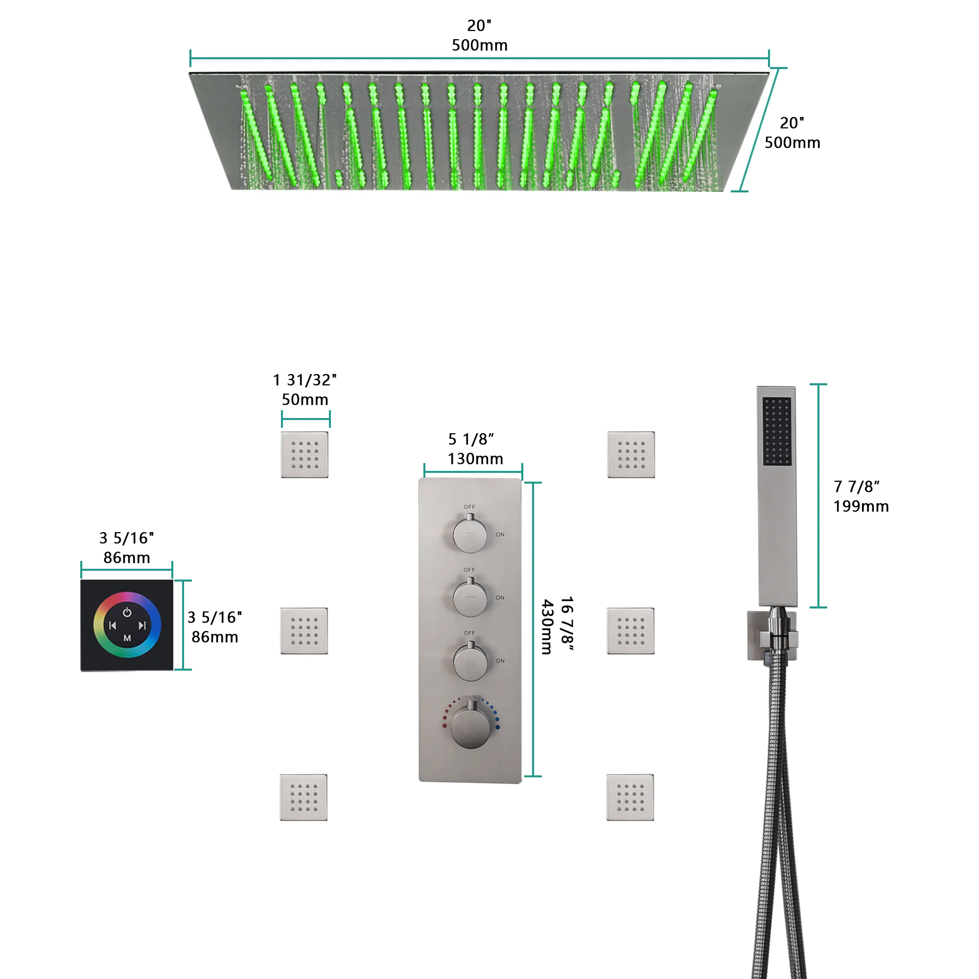 Brushed Nickel 3-Way Thermostatic Shower System with 20-Inch LED Rainfall Showerhead, Digital Display, 6 Body Jets and Touch Panel Control, Flush-Mounted Design - Image 11