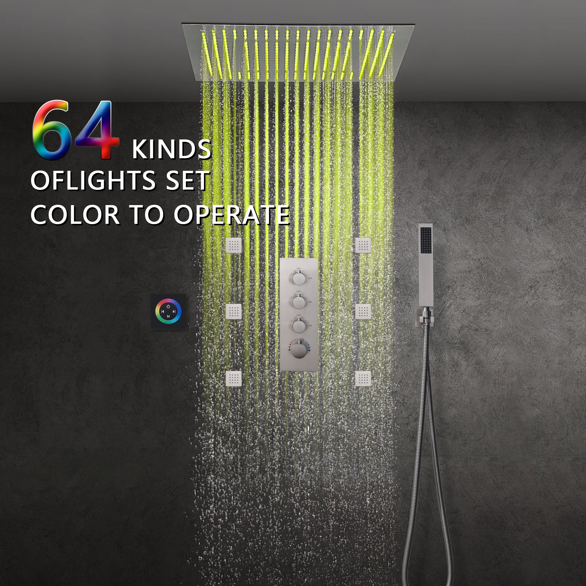 Brushed Nickel 3-Way Thermostatic Shower System with 20-Inch LED Rainfall Showerhead, Digital Display, 6 Body Jets and Touch Panel Control, Flush-Mounted Design - Image 2