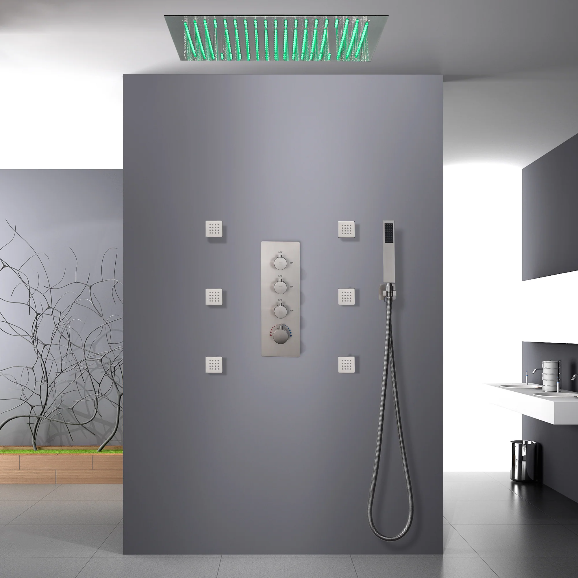 Brushed Nickel 3-Way Thermostatic Shower System with 20-Inch LED Rainfall Showerhead, Digital Display, 6 Body Jets and Touch Panel Control, Flush-Mounted Design - Image 3
