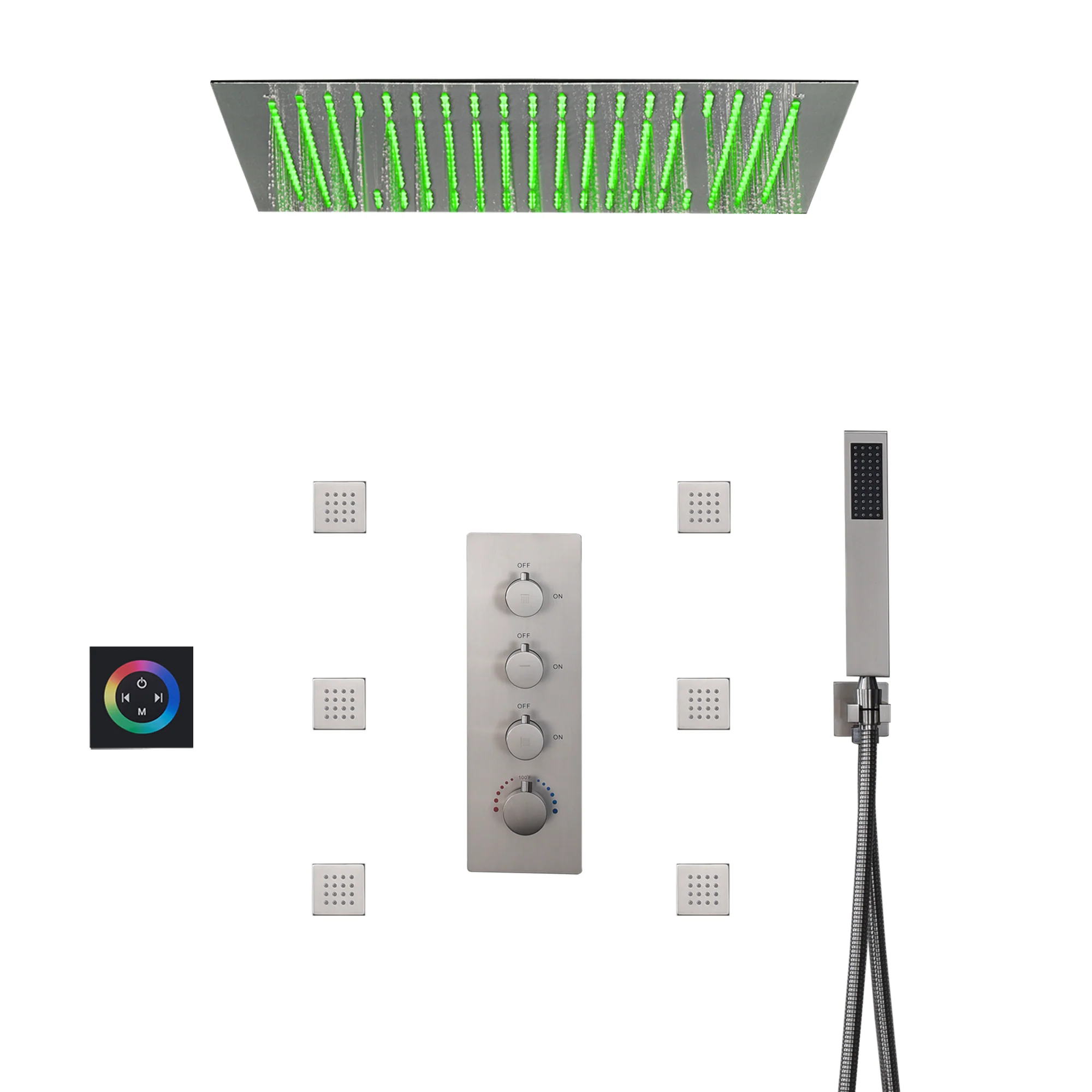 Brushed Nickel 3-Way Thermostatic Shower System with 20-Inch LED Rainfall Showerhead, Digital Display, 6 Body Jets and Touch Panel Control, Flush-Mounted Design - Image 4