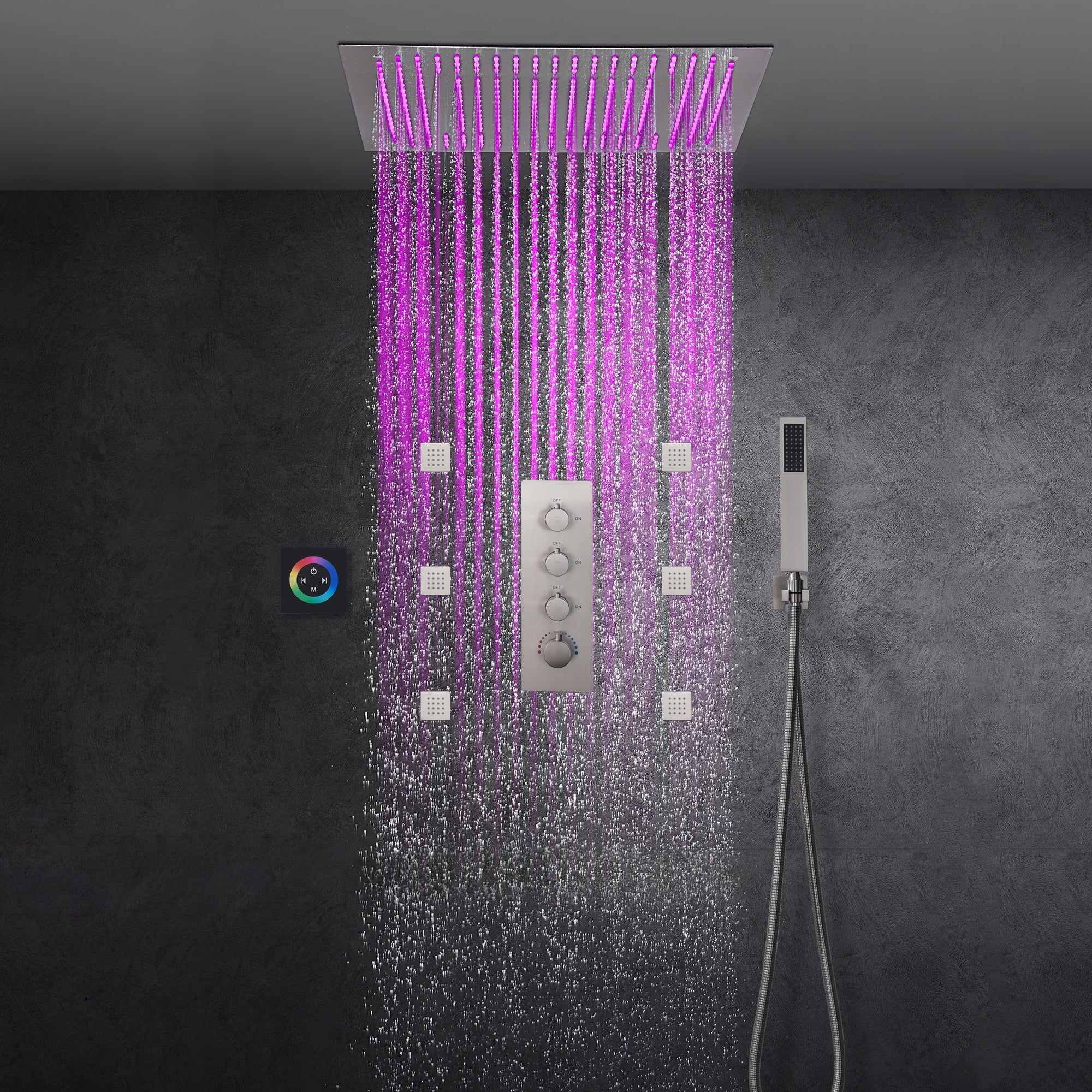 Brushed Nickel 3-Way Thermostatic Shower System with 20-Inch LED Rainfall Showerhead, Digital Display, 6 Body Jets and Touch Panel Control, Flush-Mounted Design - Image 8