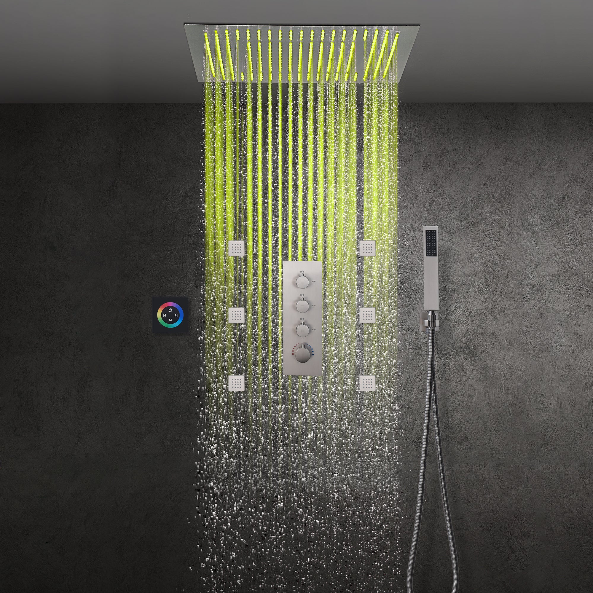 Brushed Nickel 3-Way Thermostatic Shower System with 20-Inch LED Rainfall Showerhead, Digital Display, 6 Body Jets and Touch Panel Control, Flush-Mounted Design - Image 9