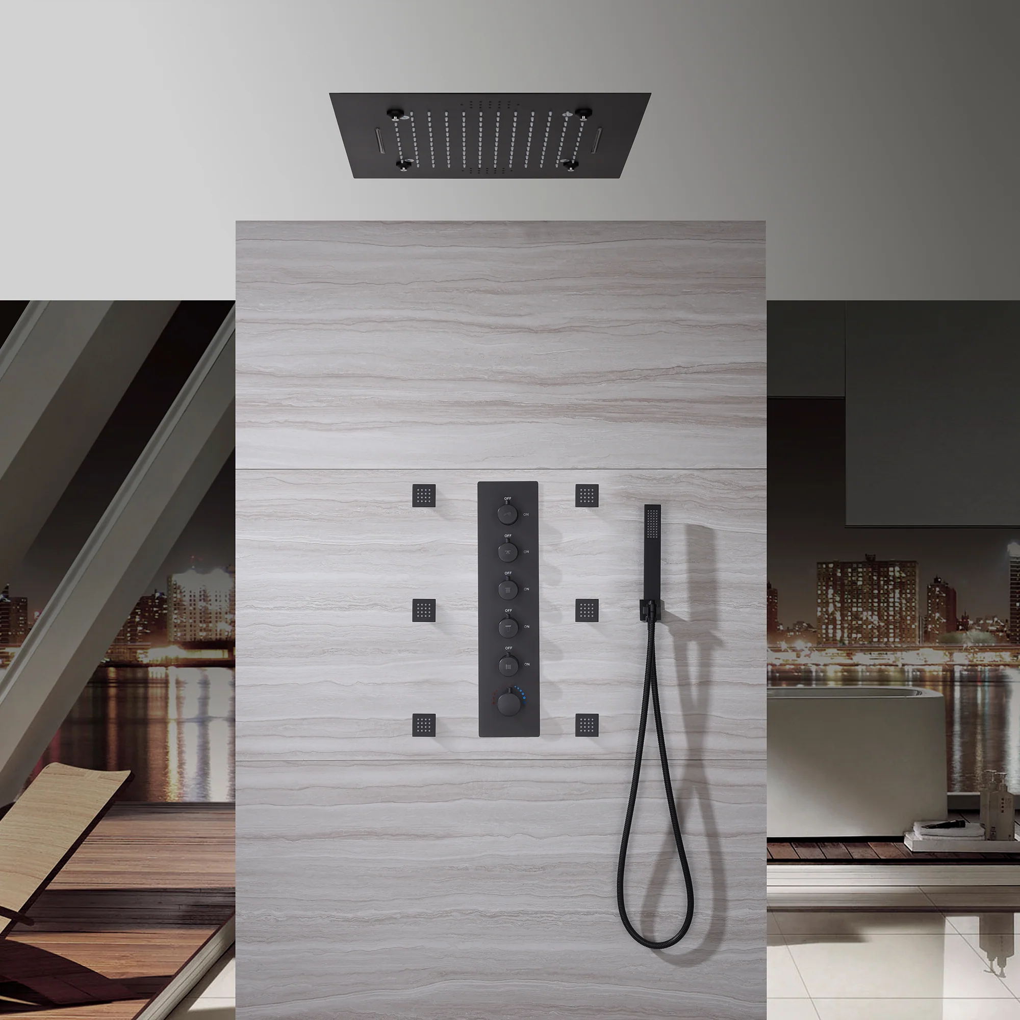 20-Inch Matte Black Rainfall, Waterfall, and Mist Shower System with LED Colors, Bluetooth Music, 5-Way Thermostatic Valve, 6 Body Jets, and Touch Panel - Image 3