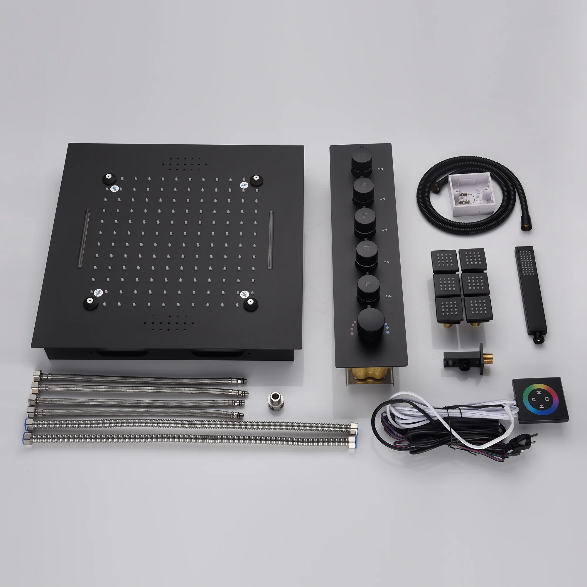 20-Inch Matte Black Rainfall, Waterfall, and Mist Shower System with LED Colors, Bluetooth Music, 5-Way Thermostatic Valve, 6 Body Jets, and Touch Panel - Image 7