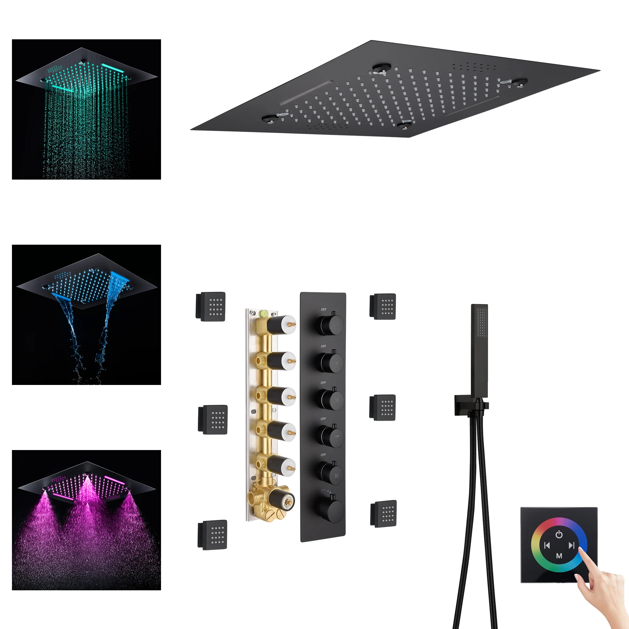 20-Inch Matte Black Rainfall, Waterfall, and Mist Shower System with LED Colors, Bluetooth Music, 5-Way Thermostatic Valve, 6 Body Jets, and Touch Panel - Image 9
