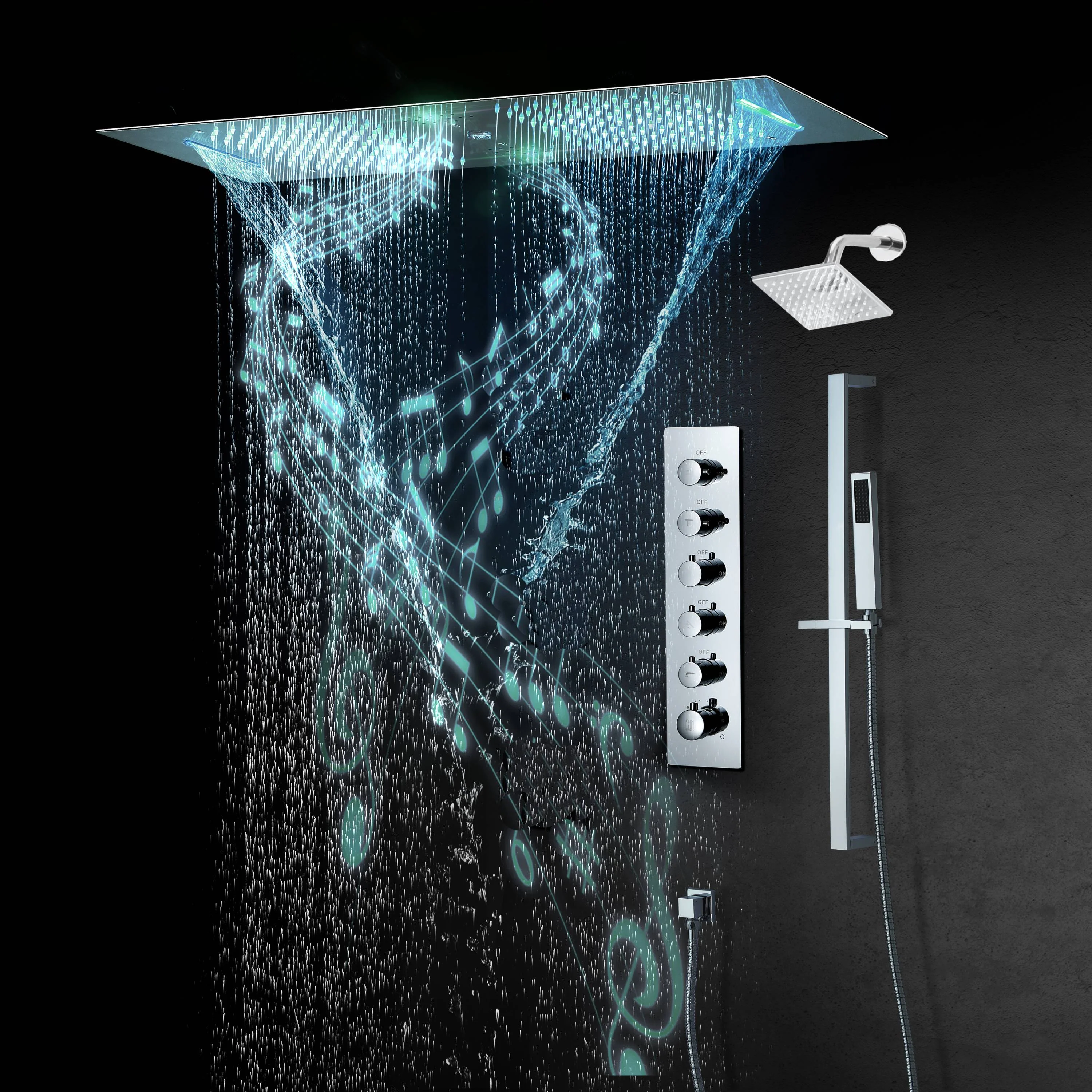 Chrome 35" Bluetooth Music LED Shower System with Waterfall, 5-Way Thermostatic Valve, Regular Head, Touch Panel