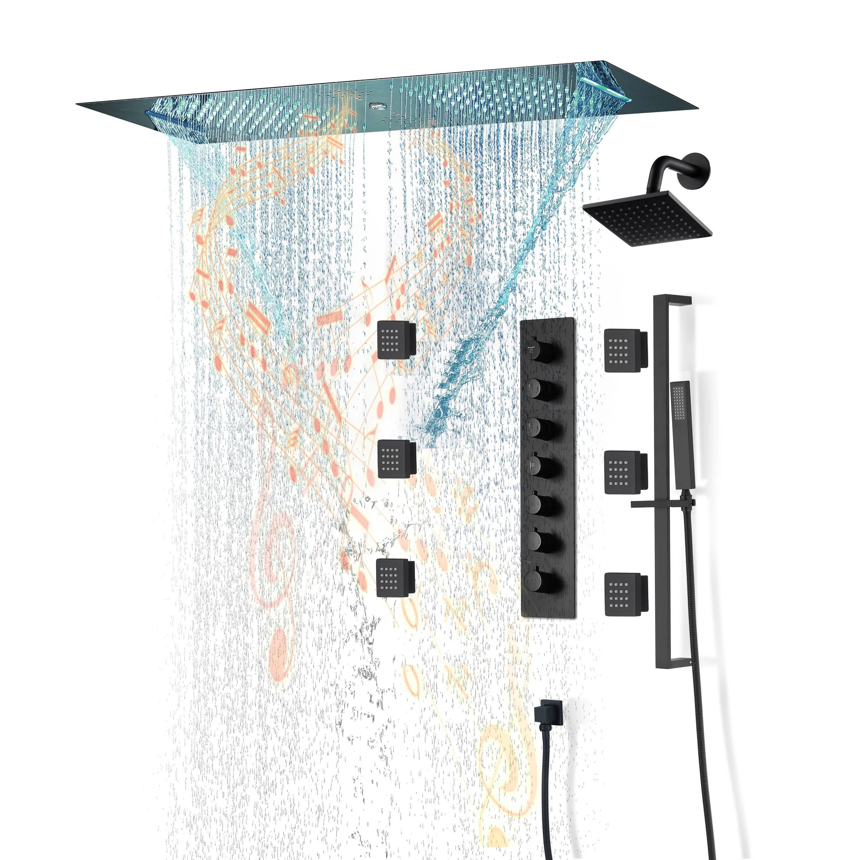 Chrome or matte black or brushed gold or brsuehd nickel 35" Bluetooth Music LED Shower System with Waterfall, 6-Way Thermostatic Valve, Regular Head, 6 Body Jets - Image 18
