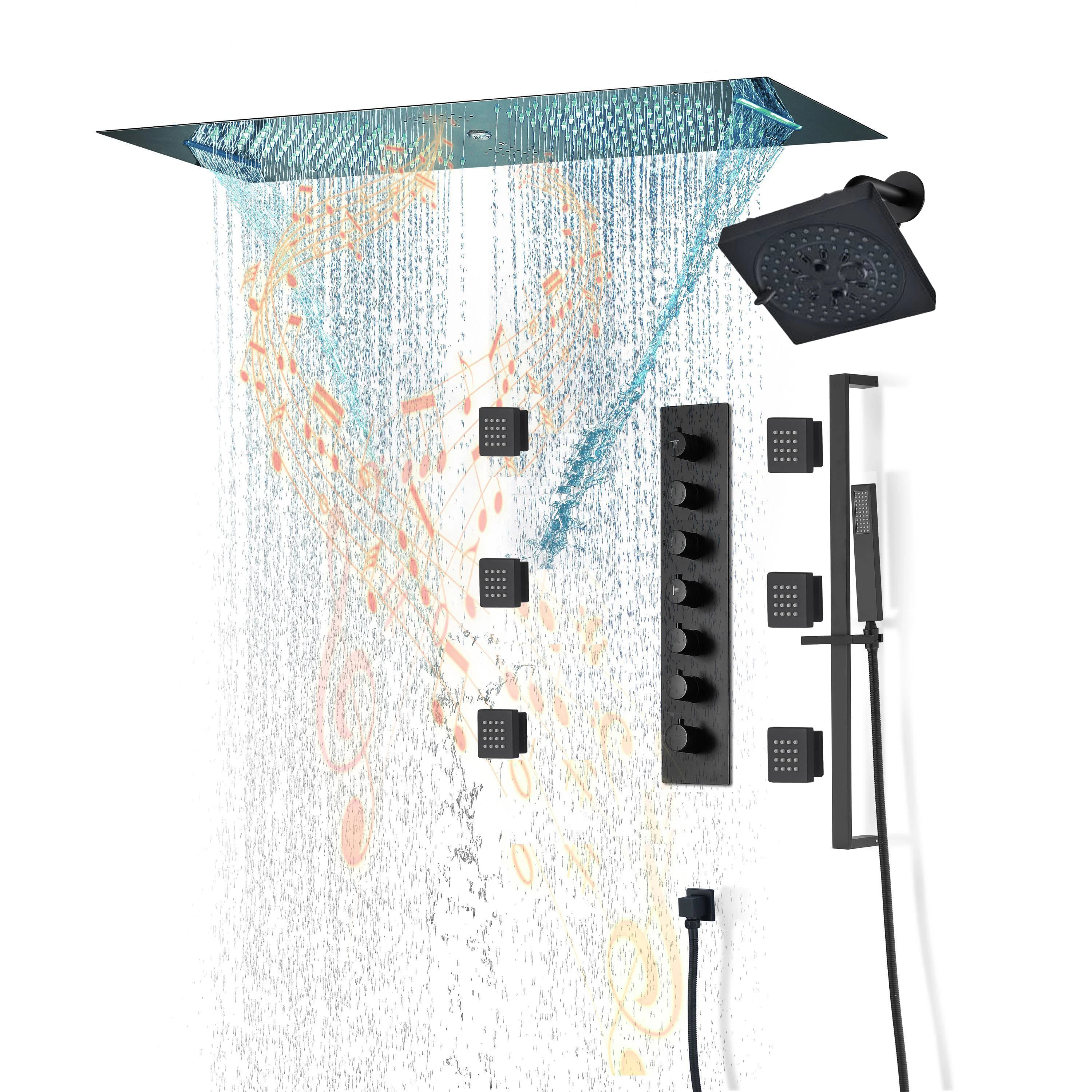 Chrome or matte black or brushed gold or brsuehd nickel 35" Bluetooth Music LED Shower System with Waterfall, 6-Way Thermostatic Valve, Regular Head, 6 Body Jets - Image 19