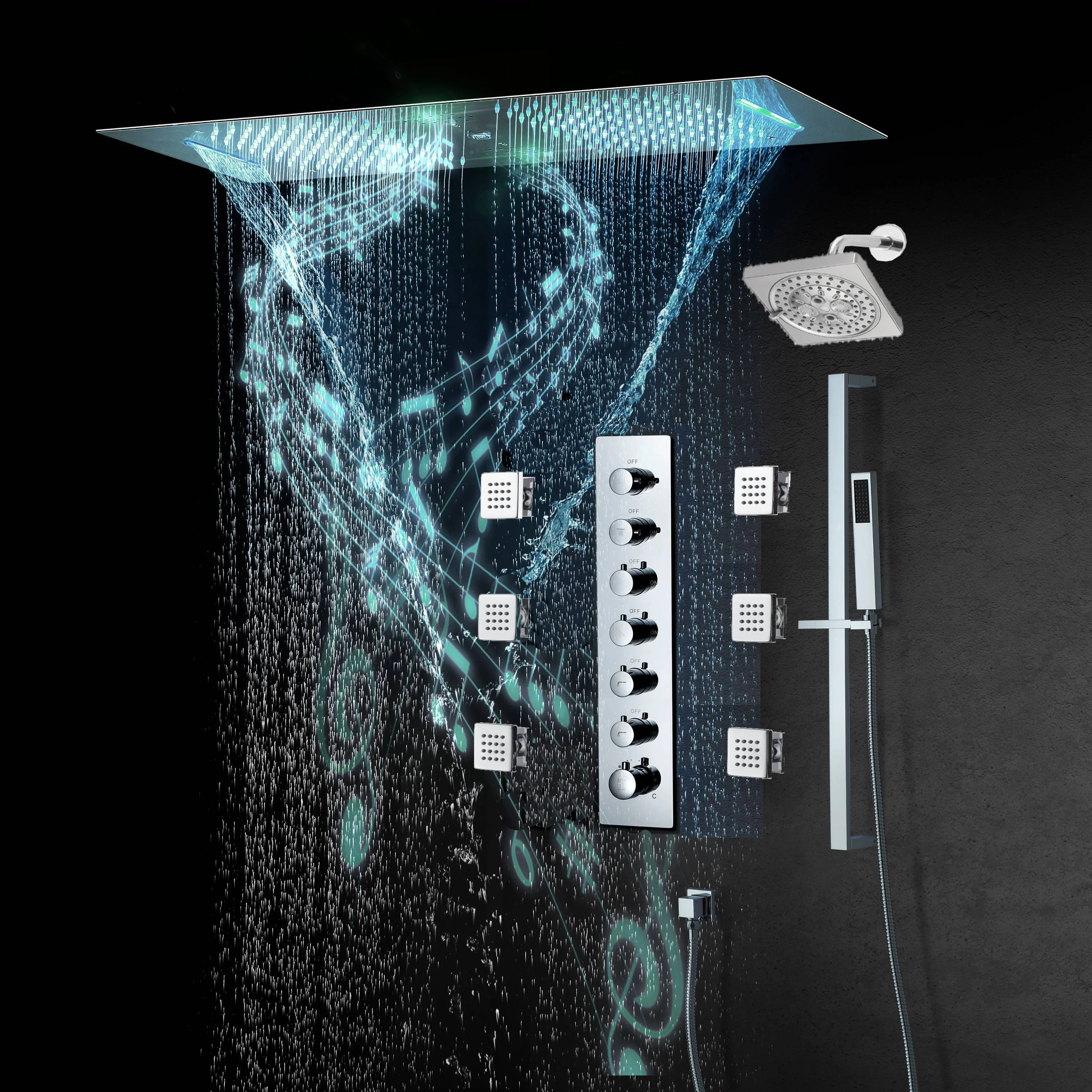 Chrome or matte black or brushed gold or brsuehd nickel 35" Bluetooth Music LED Shower System with Waterfall, 6-Way Thermostatic Valve, Regular Head, 6 Body Jets - Image 2